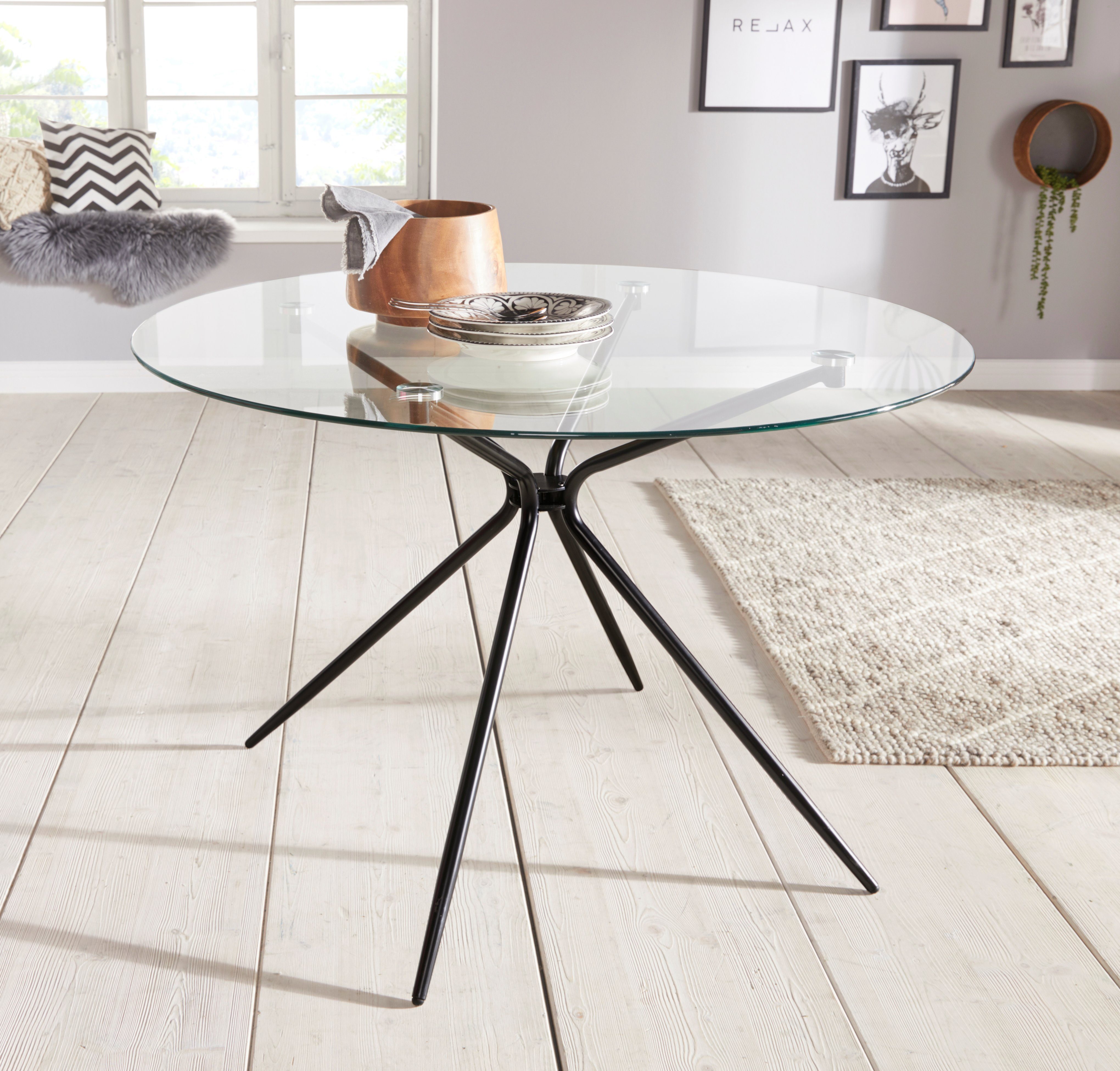 INOSIGN Glazen tafel Silvi, TOPSELLER! rond, ø 110 cm, zwart metalen frame
