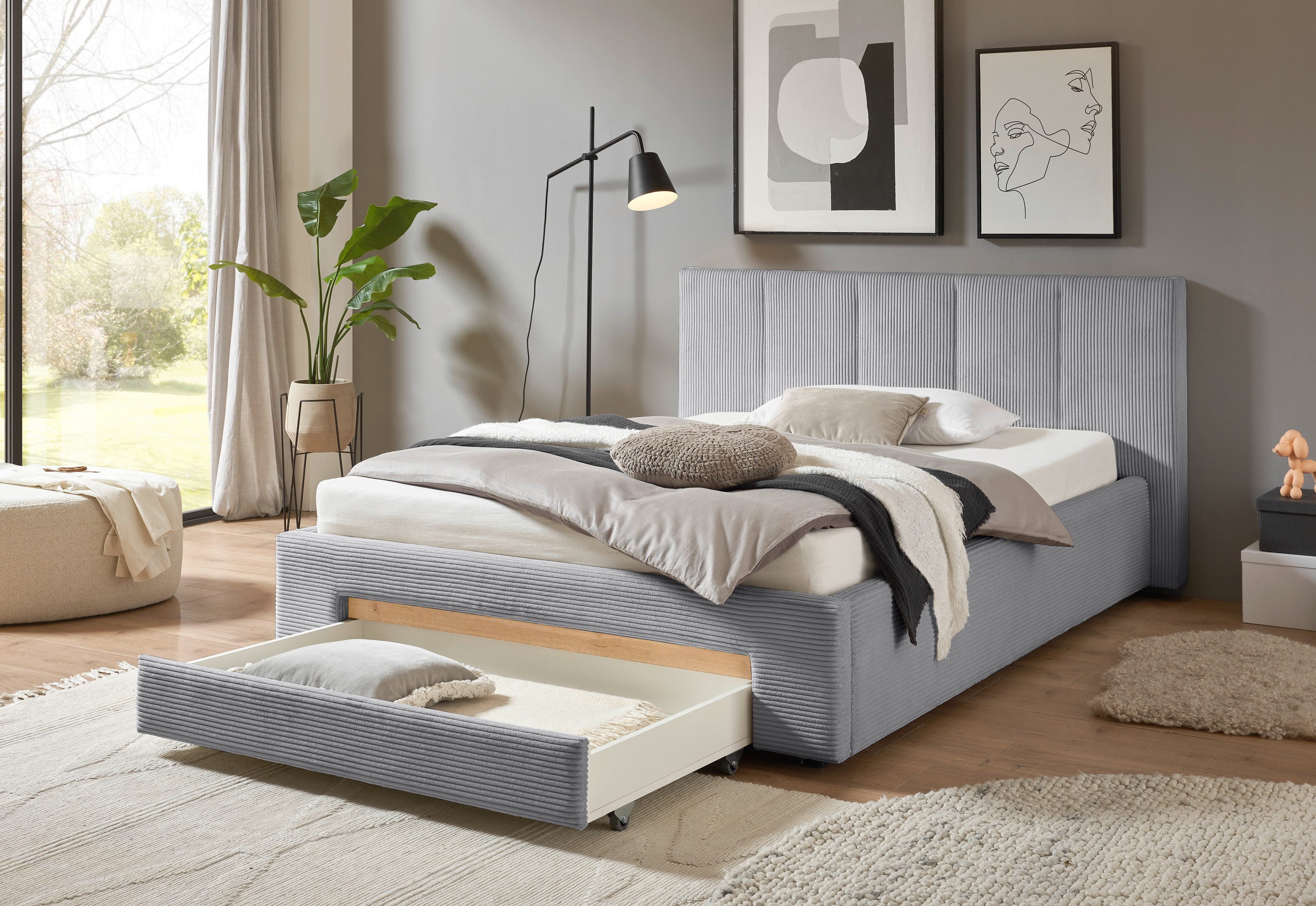 INOSIGN Gestoffeerd bed CiTY/GiRON, bedframe met bedlade, gestoffeerd opbergbed met hondenbed of opberglade, bekleding van corduroy of linnenlook