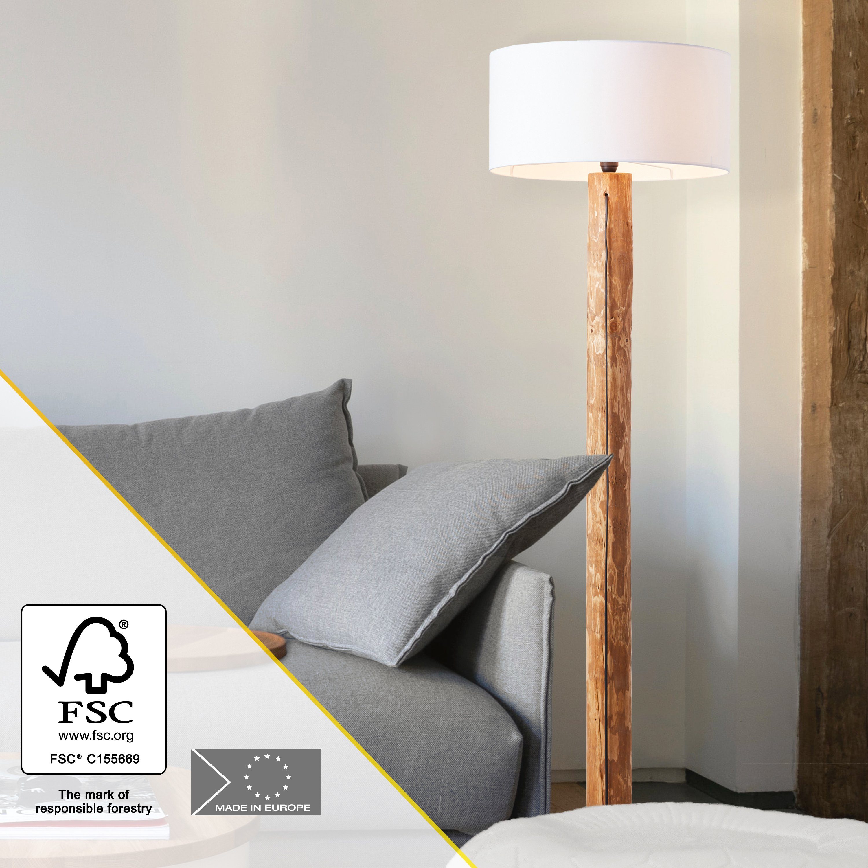 Brilliant Leuchten Staande lamp Jimena Stofscherm, H 164 cm, Ø 50 cm, E27, hout/textiel, grenen gebeitst (1 stuk)