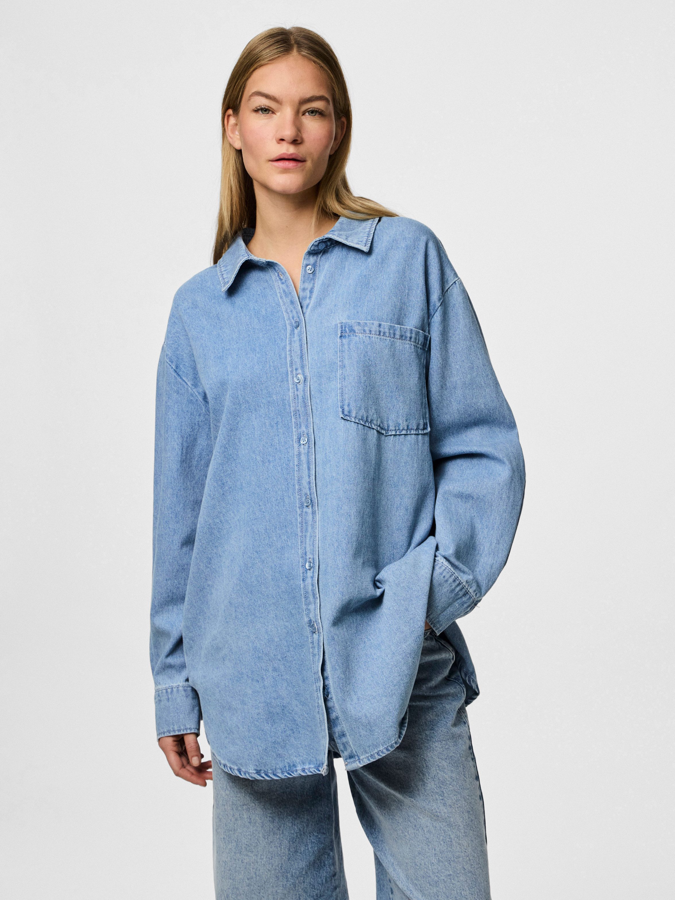 pieces Jeans blouse PCMAISIE LS DENIM SHIRT NOOS BC dames spijkerblouses maat L (40) blauw