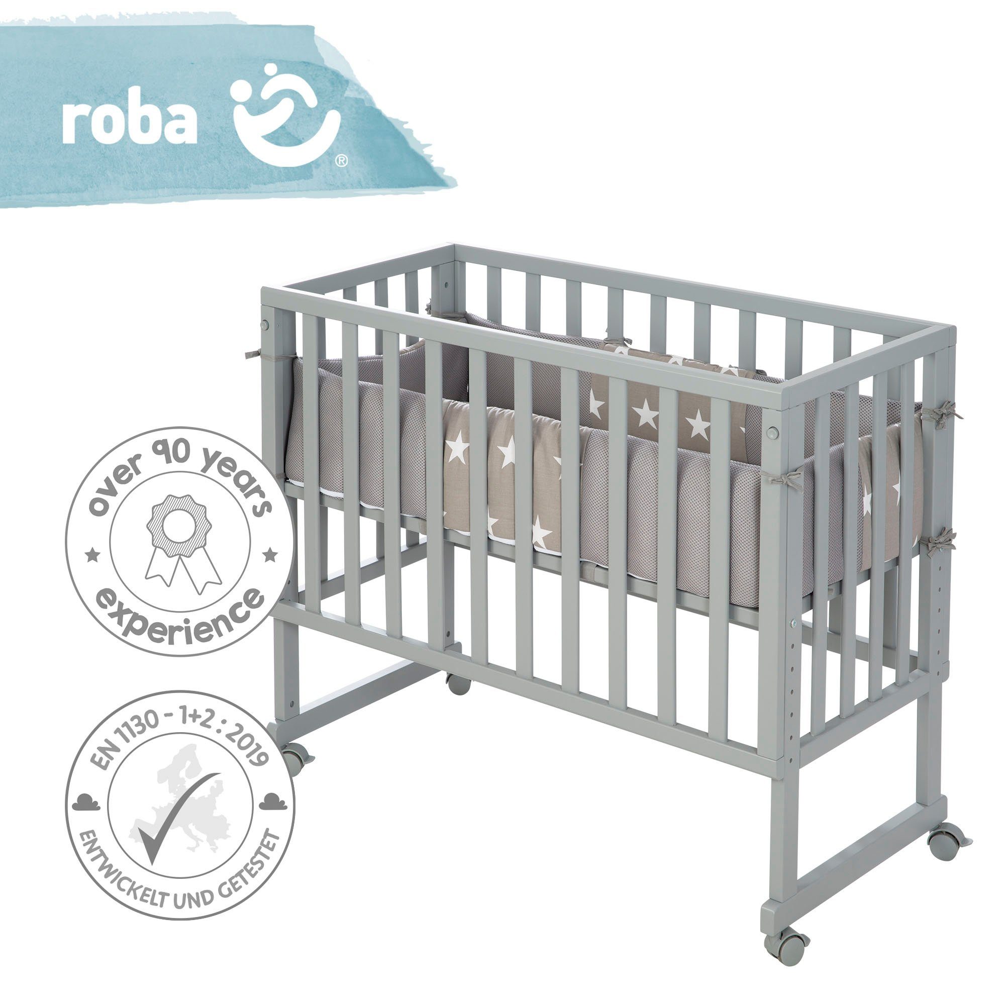 Roba® Wieg Safe Asleep® 2-in-1, taupe, Little sterren met 4 wieltjes, matras, hoofdbeschermer en veiligheidsbarrière