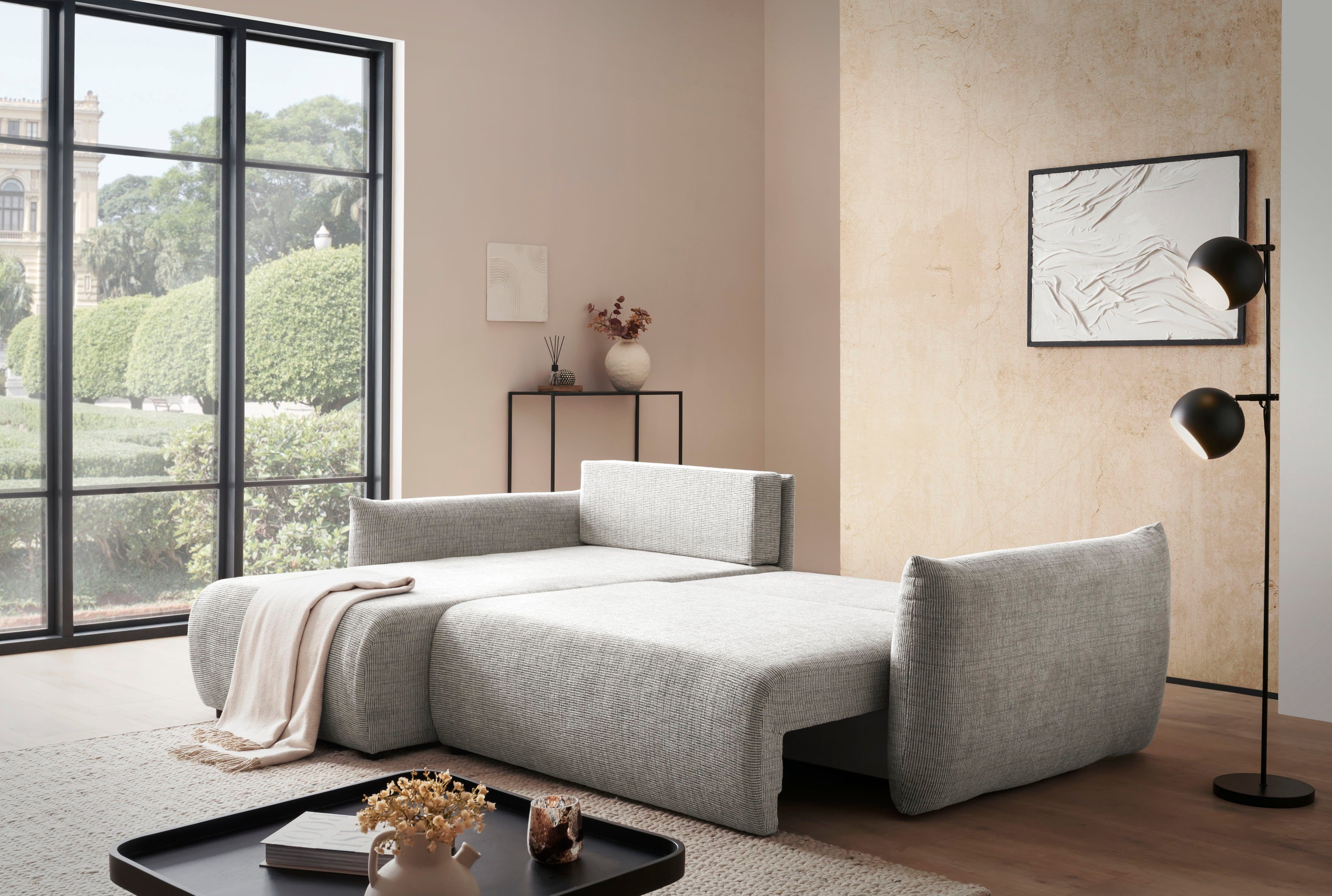 INOSIGN Hoekbank MAVAS bedbank met bedkist, L-model, ca. 257/127 cm (ligoppervlak 212/145 cm), ribfluweel, chenille, structuur
