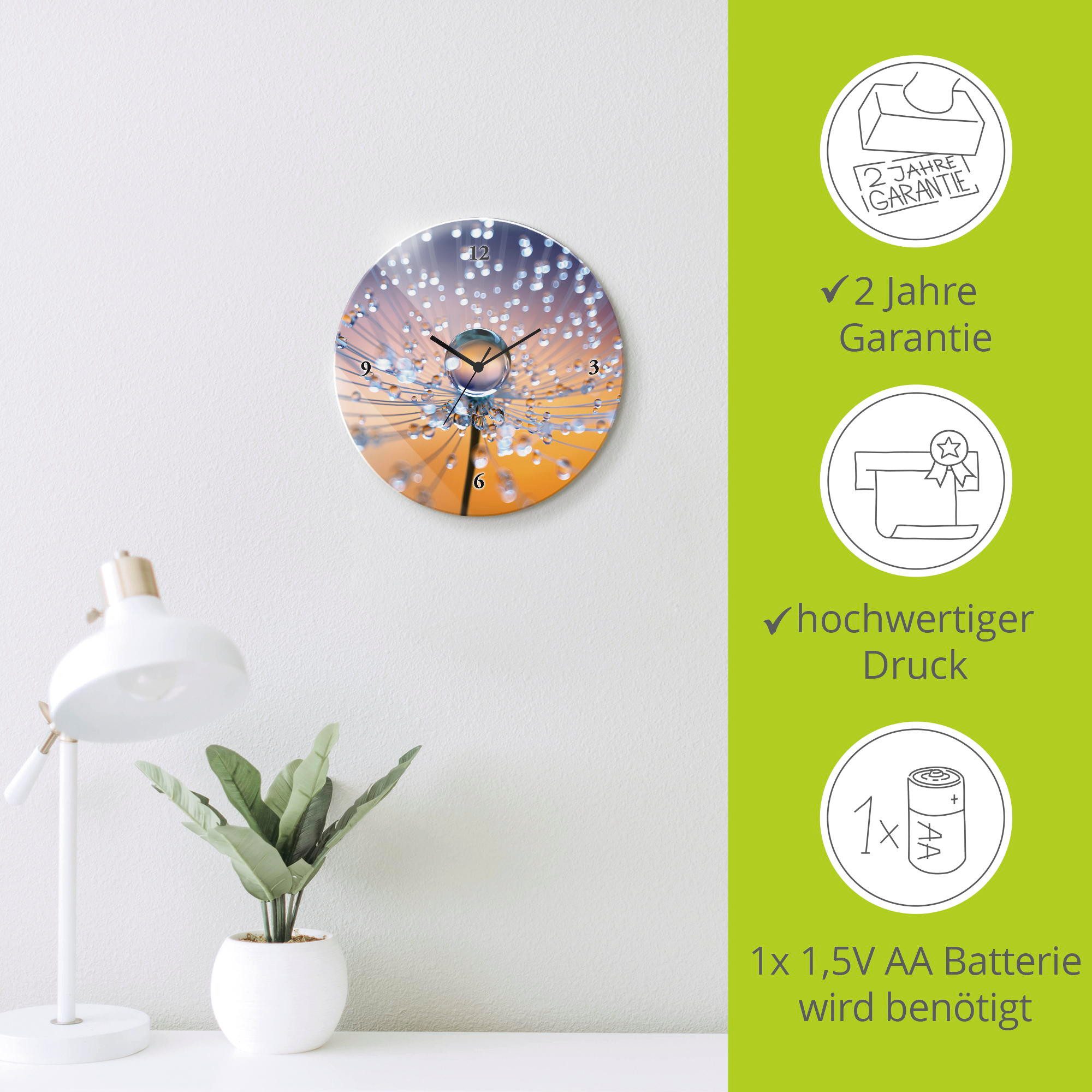 Artland Wandklok Glazen klok rond paardenbloemen dauwdruppel optioneel verkrijgbaar met kwarts- of radiografisch uurwerk, geruisloos zonder tikkend geluid