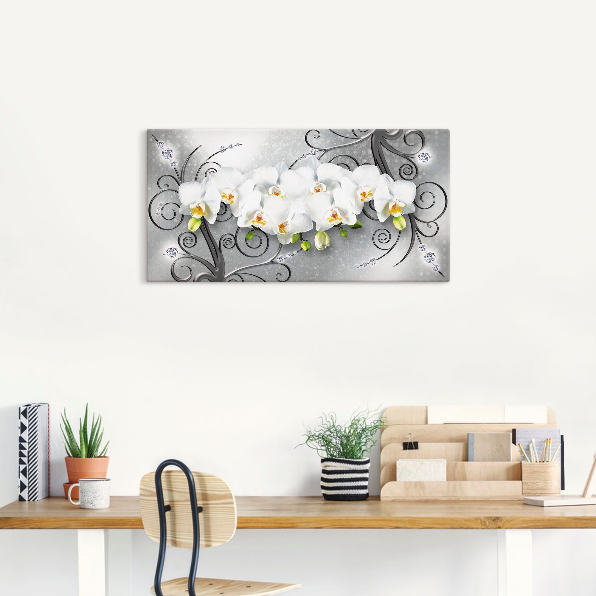 Artland Artprint Witte orchideeën op ornamenten als artprint van aluminium, artprint voor buiten, artprint op linnen, poster, muursticker