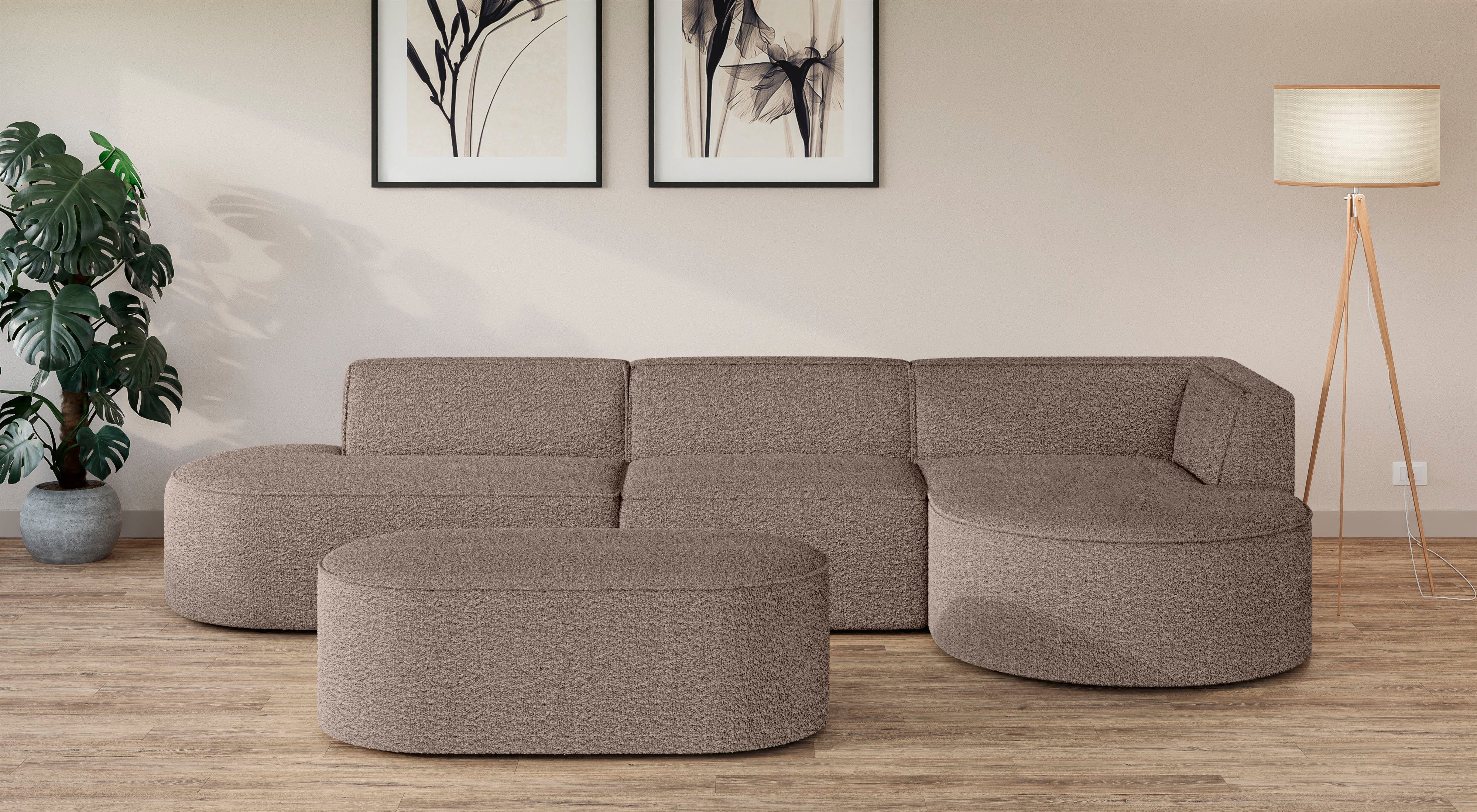 andas Hocker EIVIND zitpoef, afmetingen: B/D/H: 142/70/48 cm ook in bouclé en fijncord, met golfondersteuning