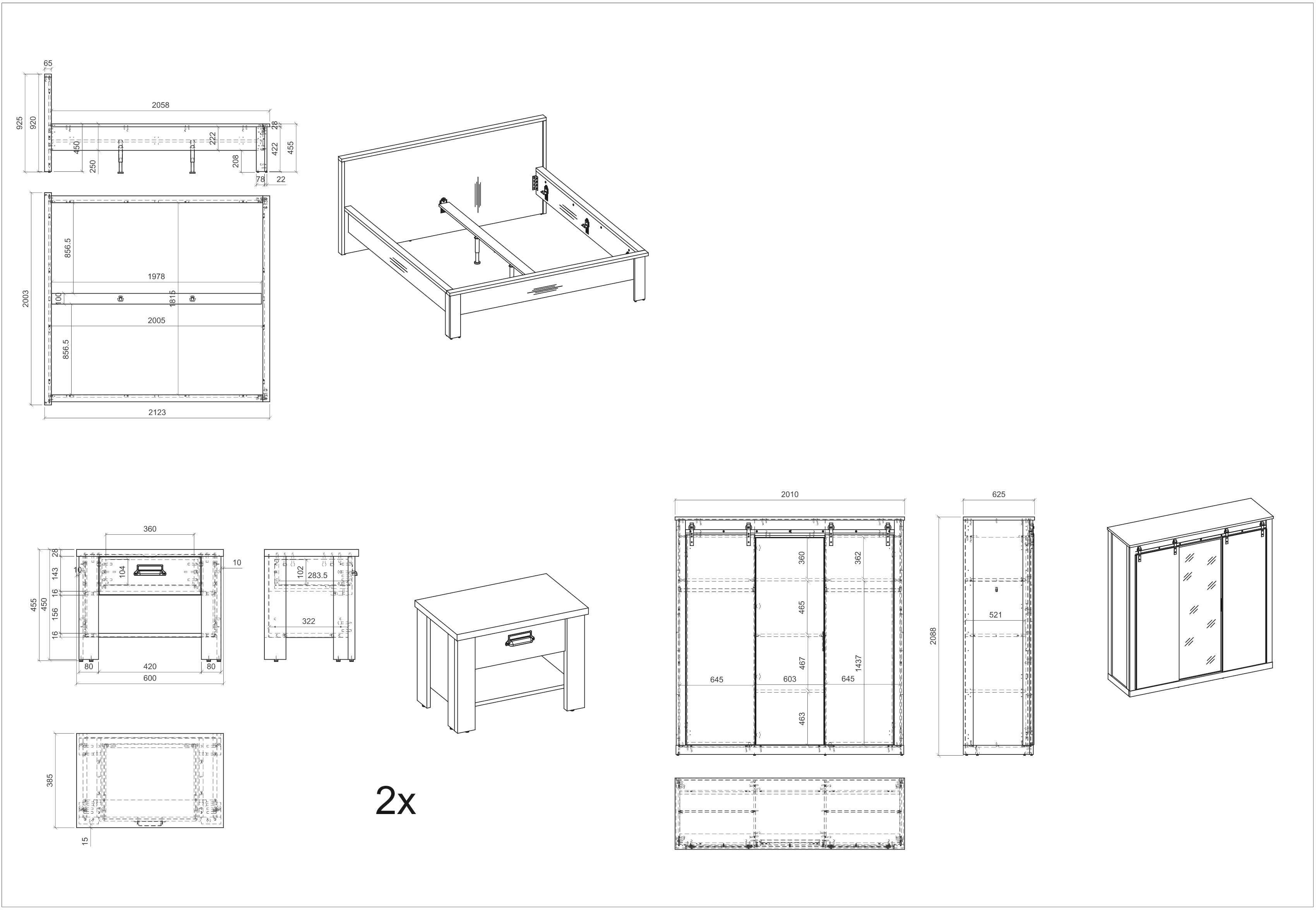 Home affaire Slaapkamerserie Sherwood Ligoppervlak 180 x 200 cm, kast 3-deurs 201 cm breed (4-delig)