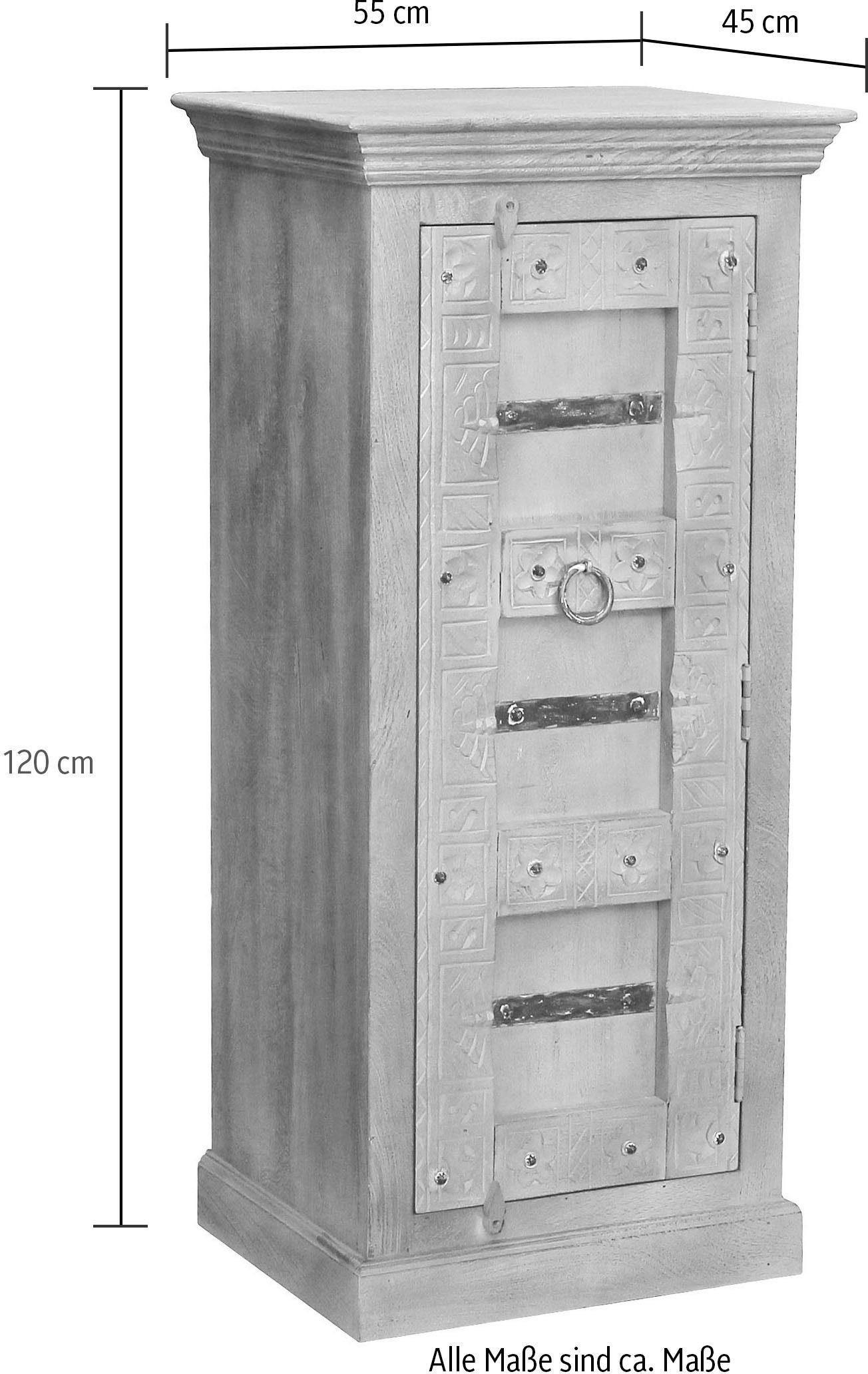 SIT Highboard Daipur kast gegraveerde versieringen, smalle kast met 1 deur