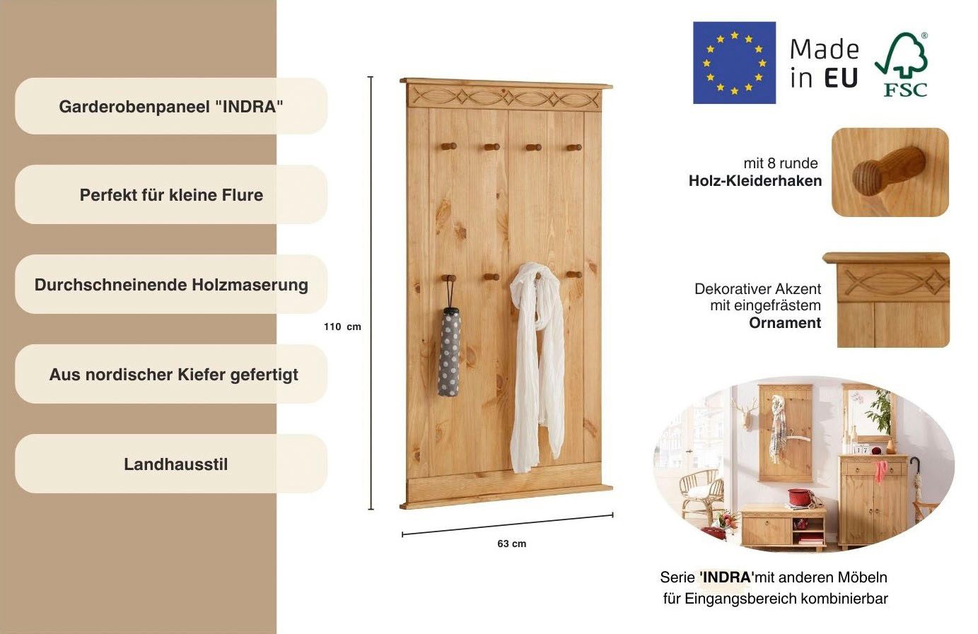 Home affaire Kapstokpaneel Indra van massief dennenhout, fsc®, 8 haken, discreet ornament