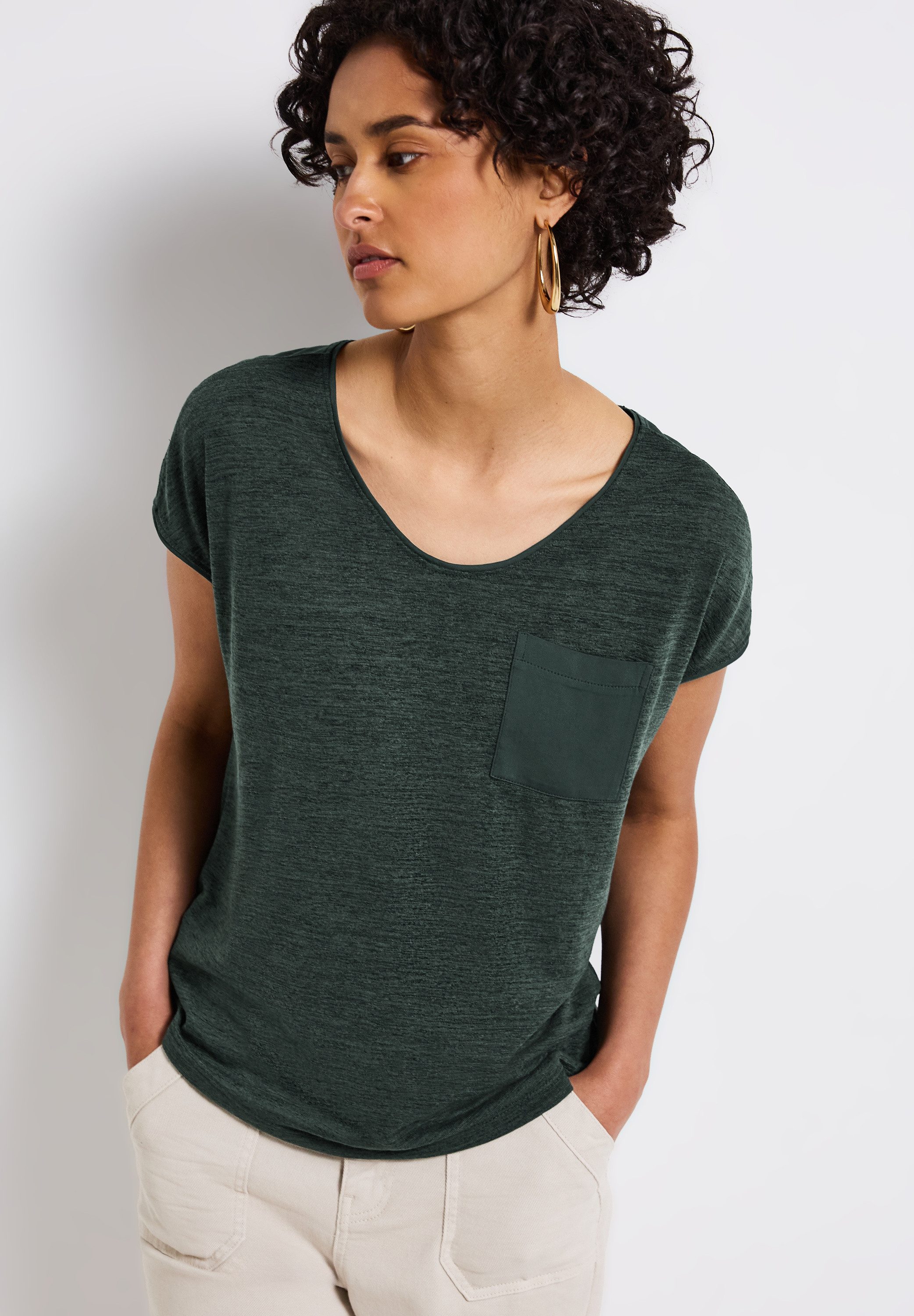 STREET ONE T-shirt in linnen-look en met borstzak