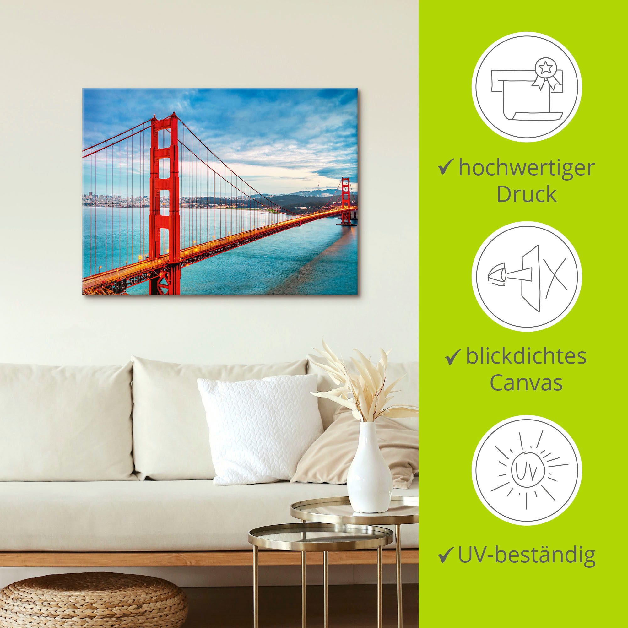 Artland Artprint Golden Gate Bridge als artprint van aluminium, artprint voor buiten, artprint op linnen, poster, muursticker