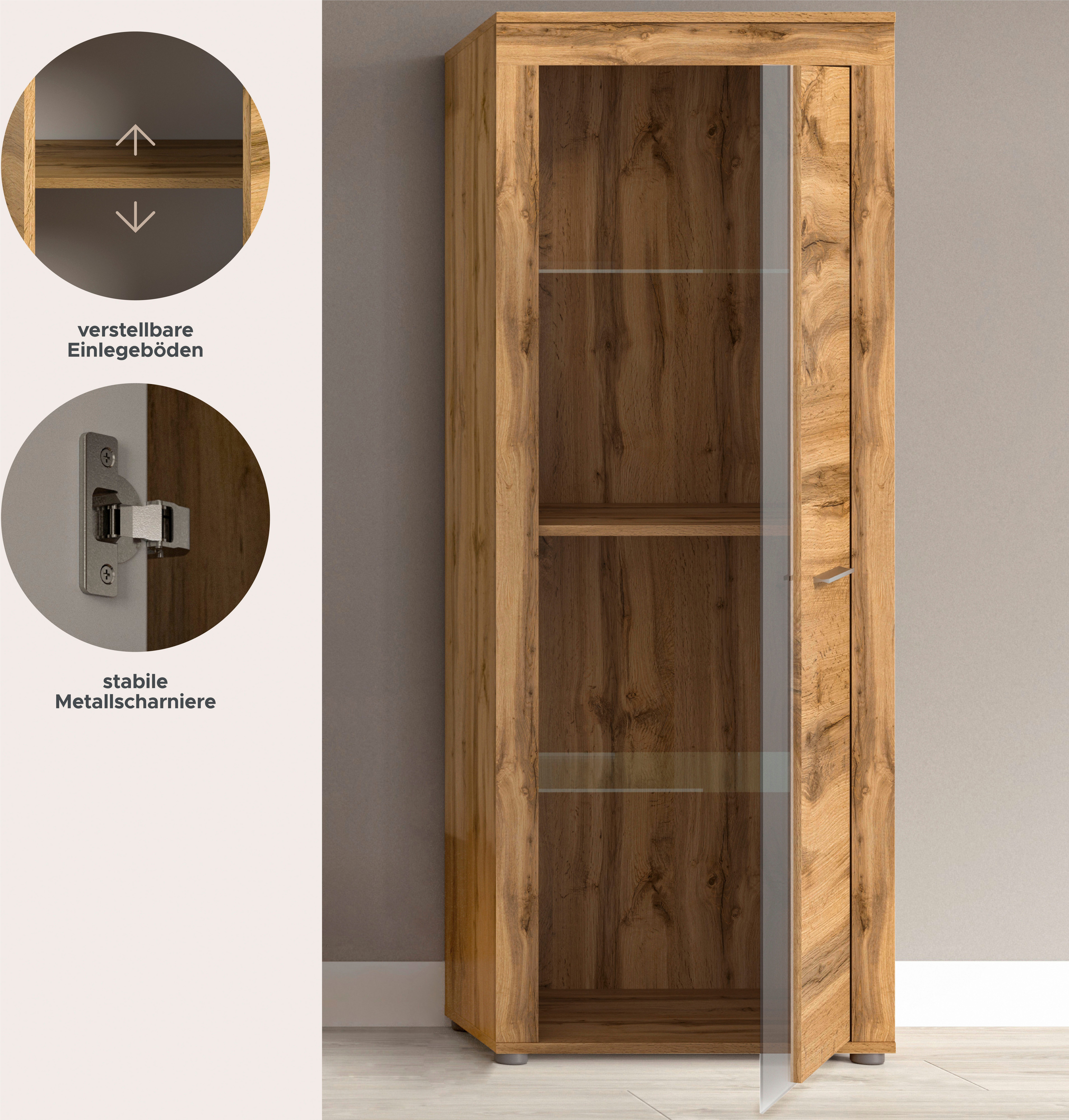 INOSIGN Vitrinekast Aosta, hoogte 159 cm, in verschillende kleuruitvoeringen 1 deur, 3 legplanken, 4 vakken, woonkamer, staande vitrine, glazen vitrine