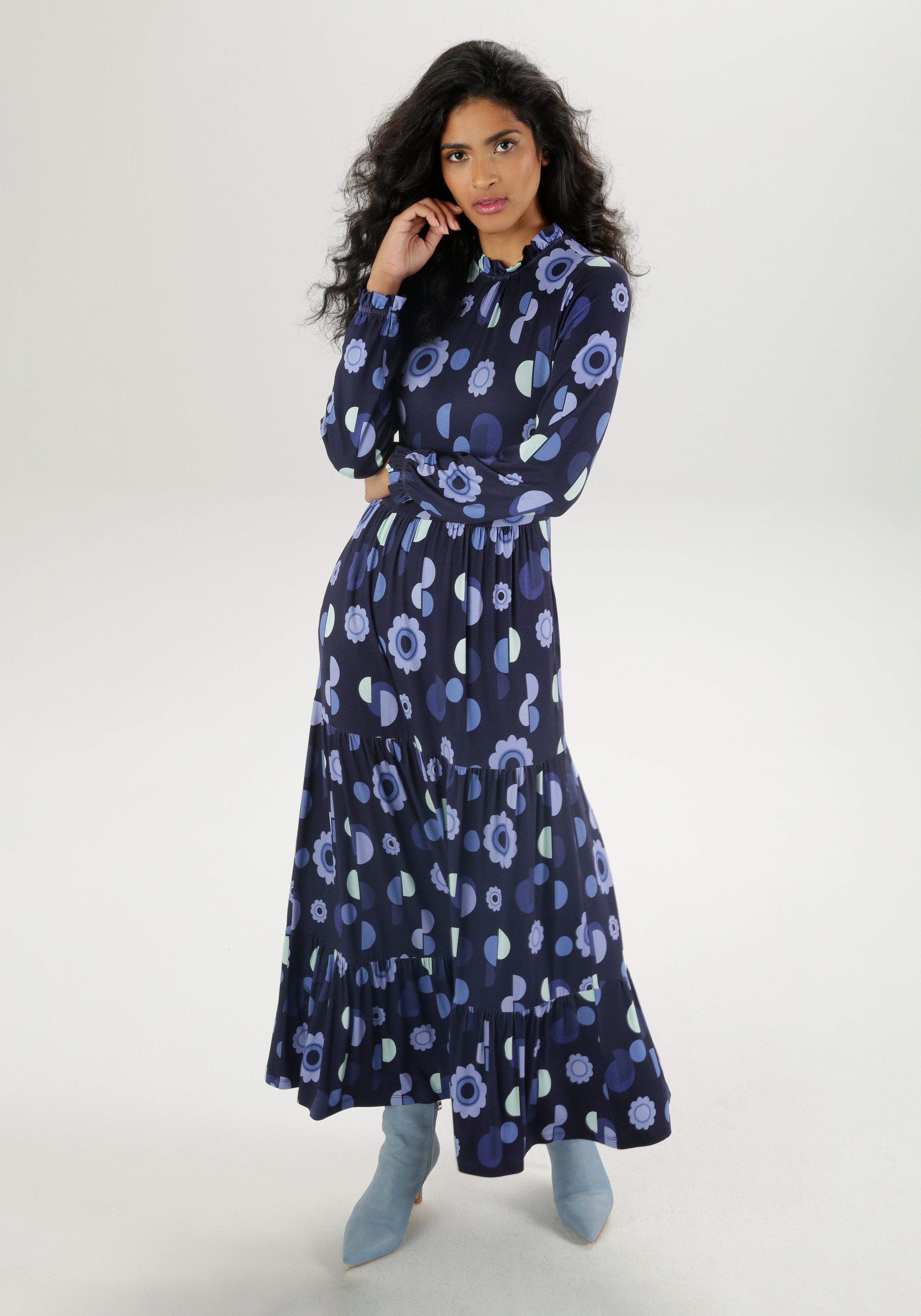 Aniston SELECTED Maxi-jurk met ruches en speelse print