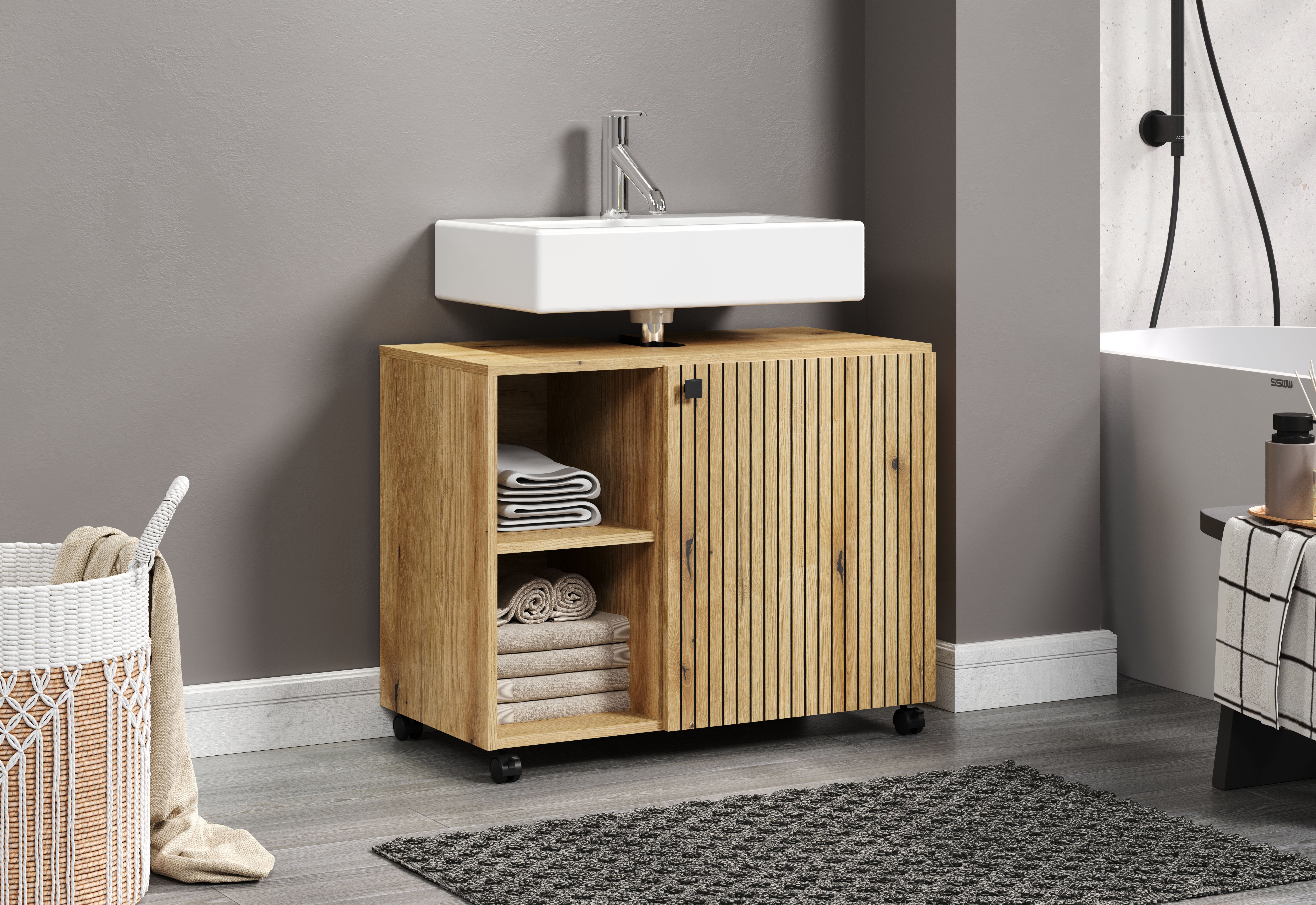 welltime Wastafelonderkast Amrum BxHxD 80 x 64 x 42 cm wastafelonderkast eiken rillen-look (1 stuk)
