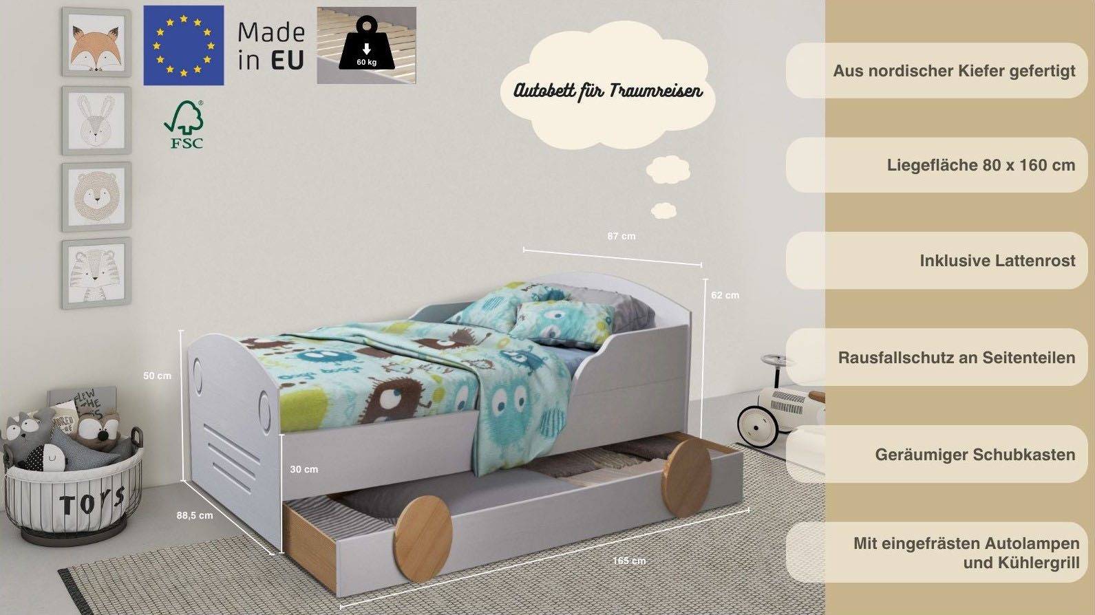 Lüttenhütt Kinderledikant Levke gemaakt van massief grenen, 90 x 160 cm, inclusief lade en lattenbodem