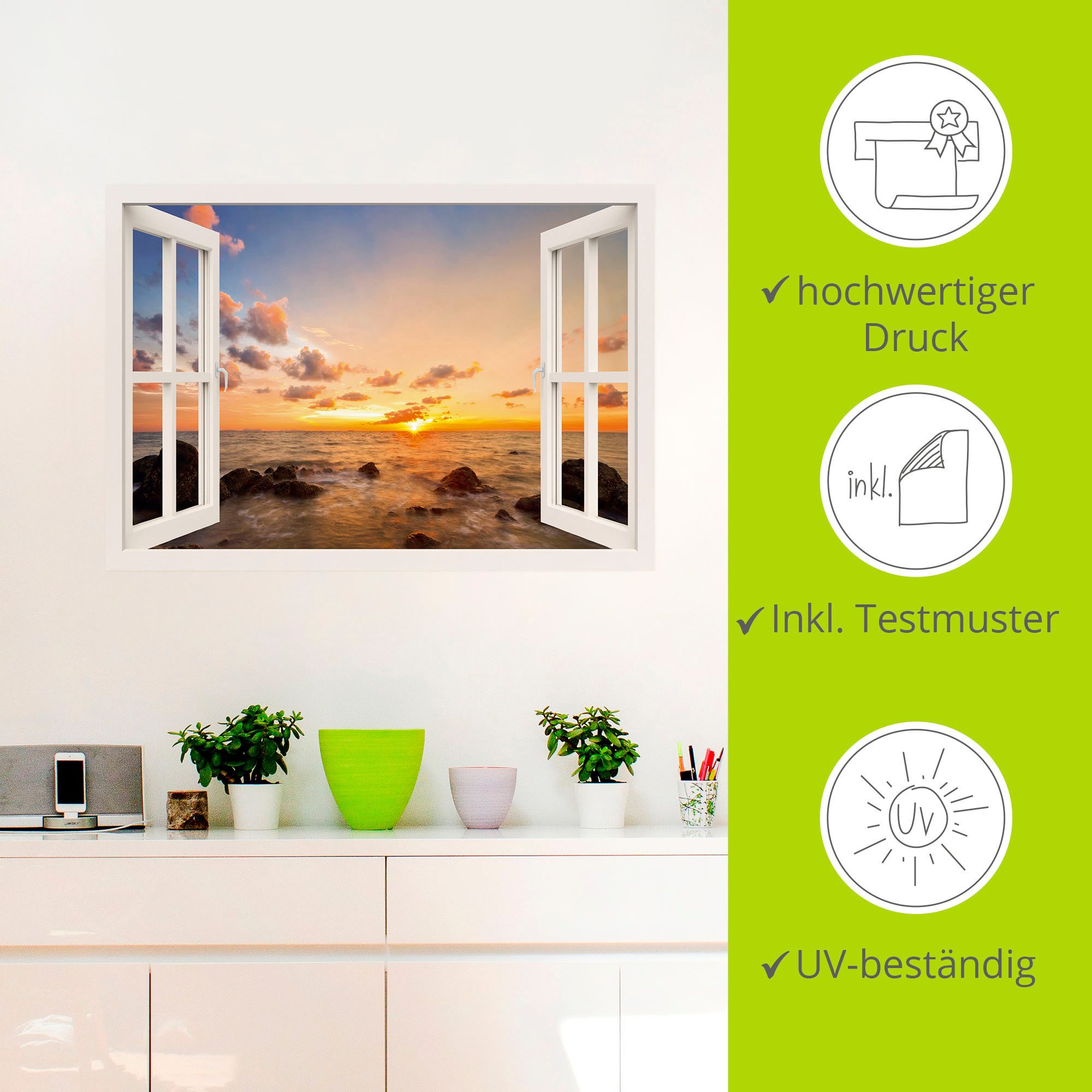 Artland Artprint Blik uit het venster zonsondergang aan zee als artprint van aluminium, artprint op linnen, muursticker, verschillende maten