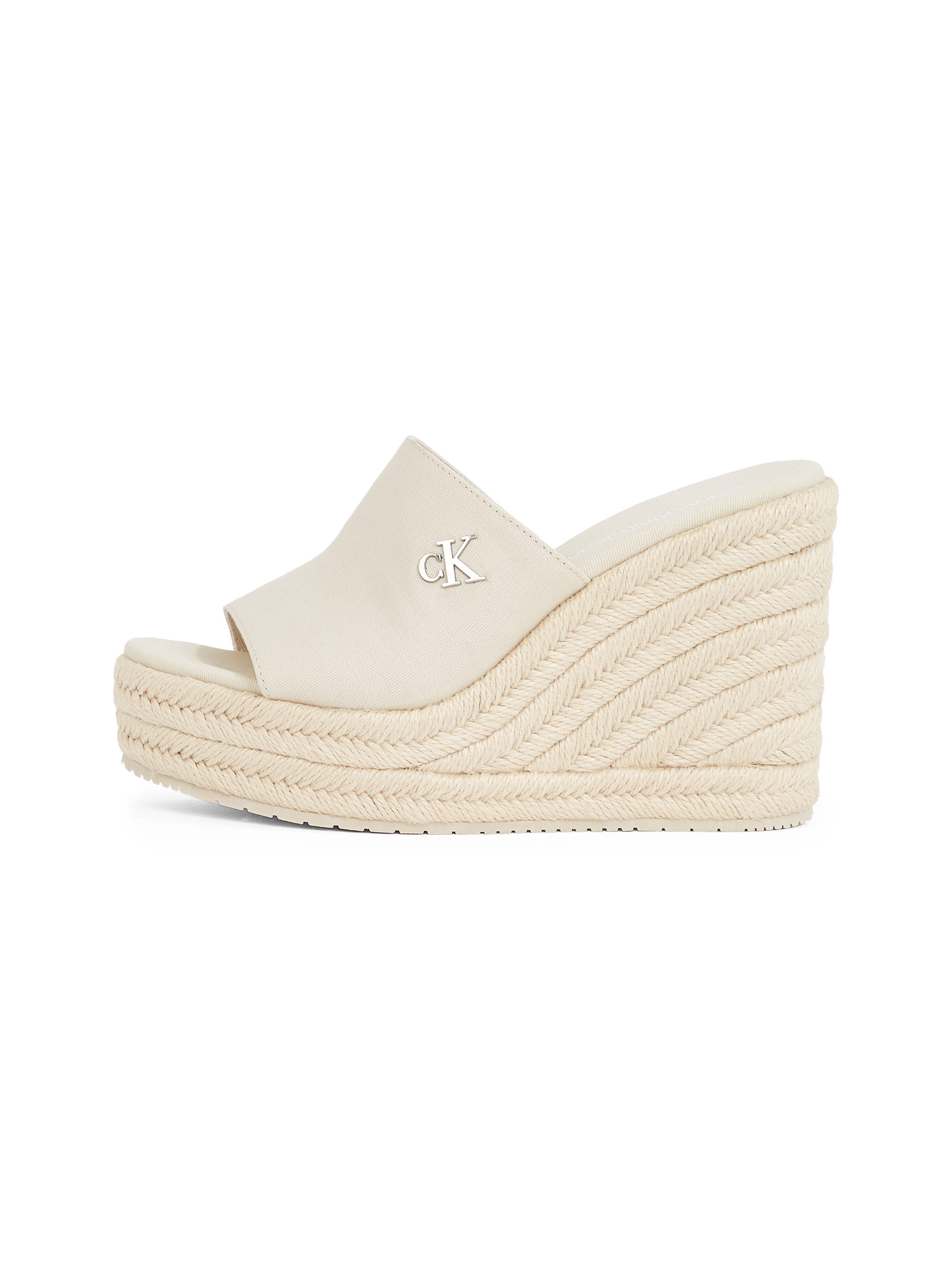 Calvin Klein Sleehakmuiltjes WEDGE ROPE SLIDE MG , zomerschoen, plateausool, vakantie-schoen met bamboe-decoratie