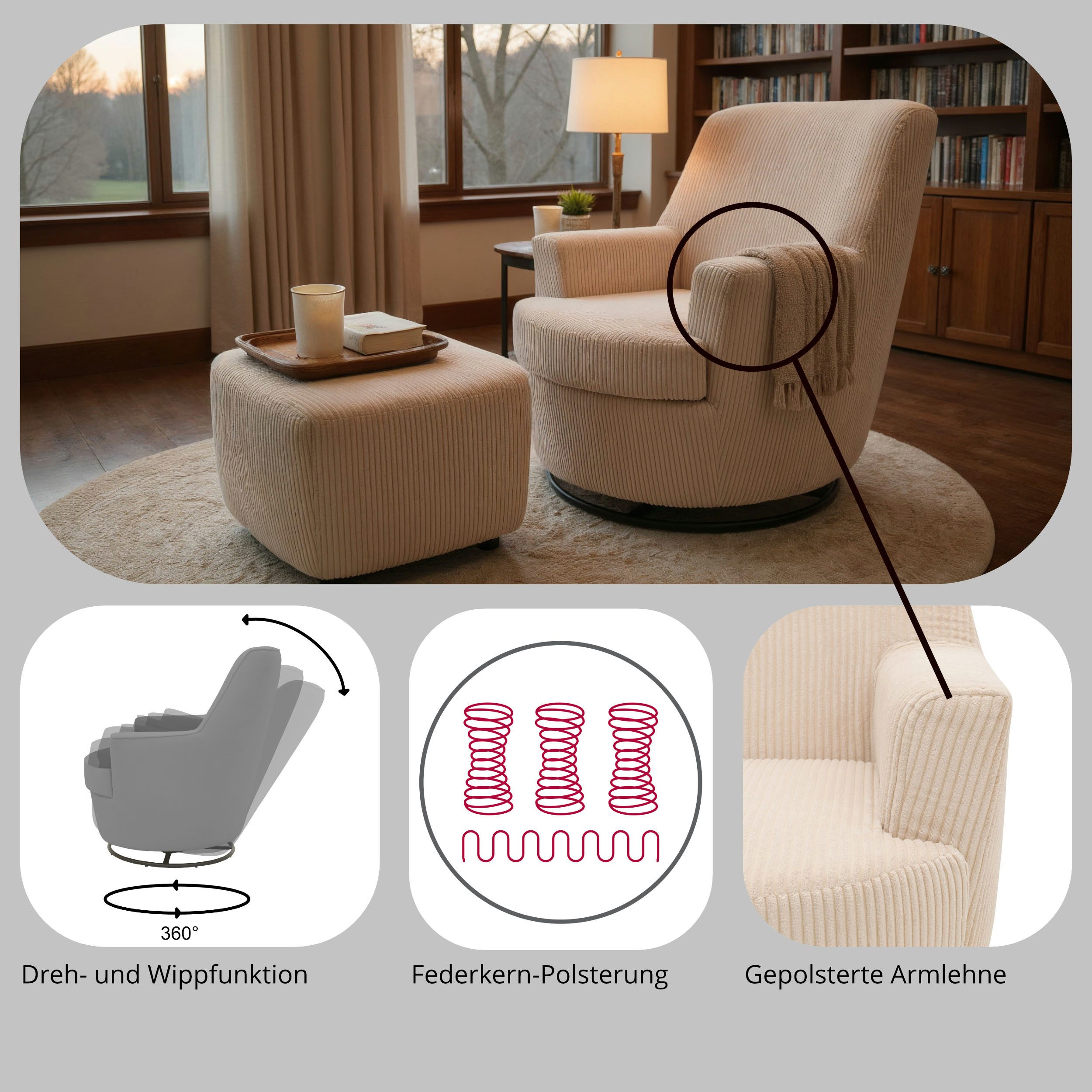 INOSIGN Draaibare fauteuil HETTY, draaistoel met schommelfunctie, leesstoel in cord en microvezel (1 stuk)