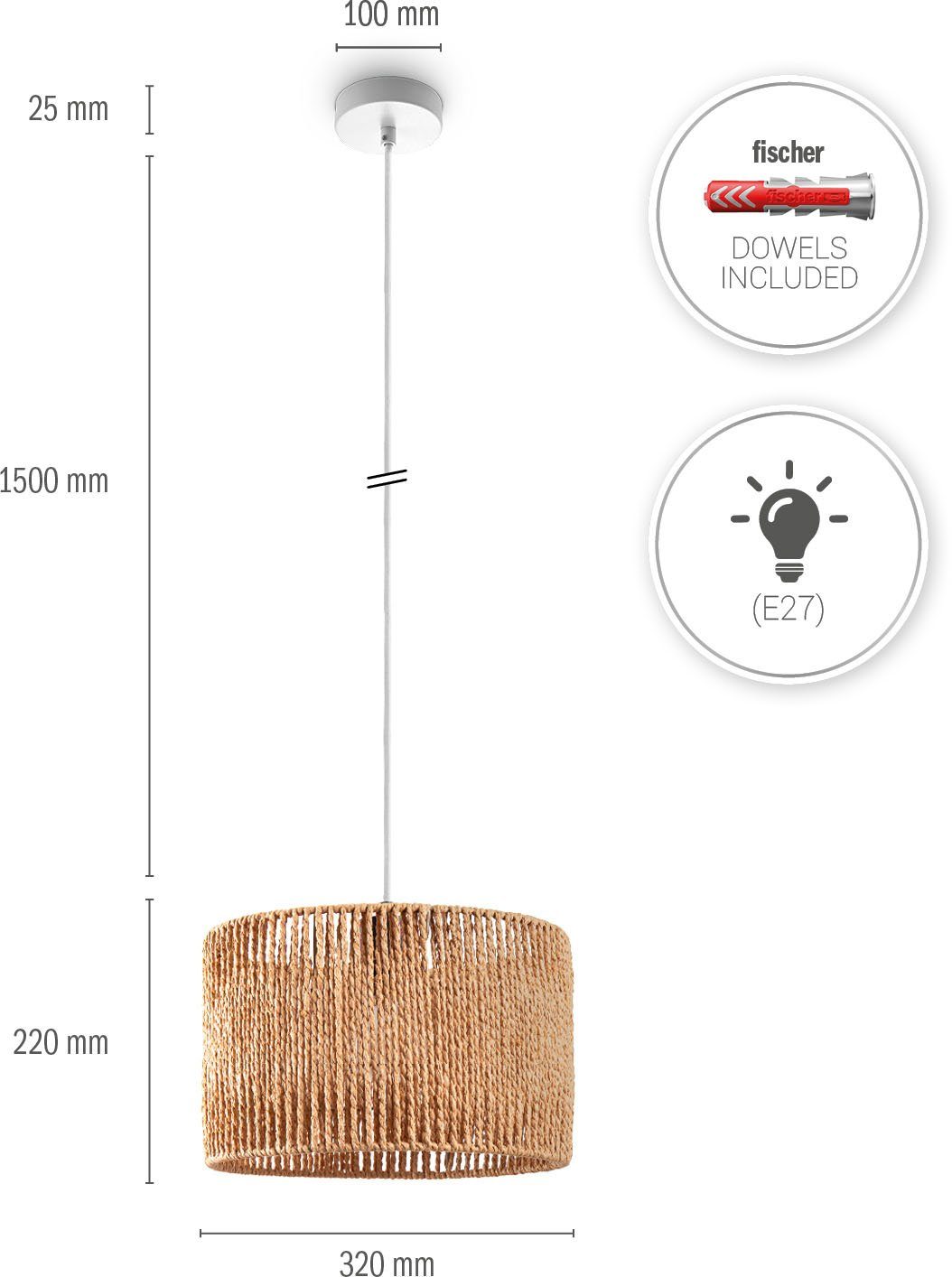 Paco Home Hanglamp Hugo Buena Woonkamer eetkamer rattan look Boho lampenkap papier