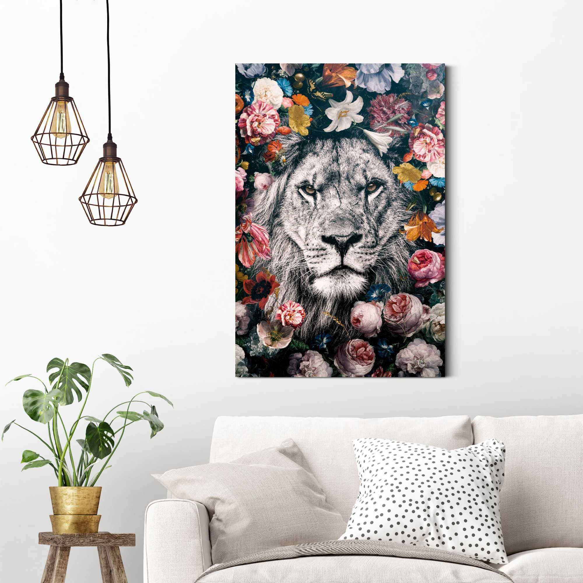 Reinders! Artprint leeuw bloemenkrans - planten - in vrolijke kleuren
