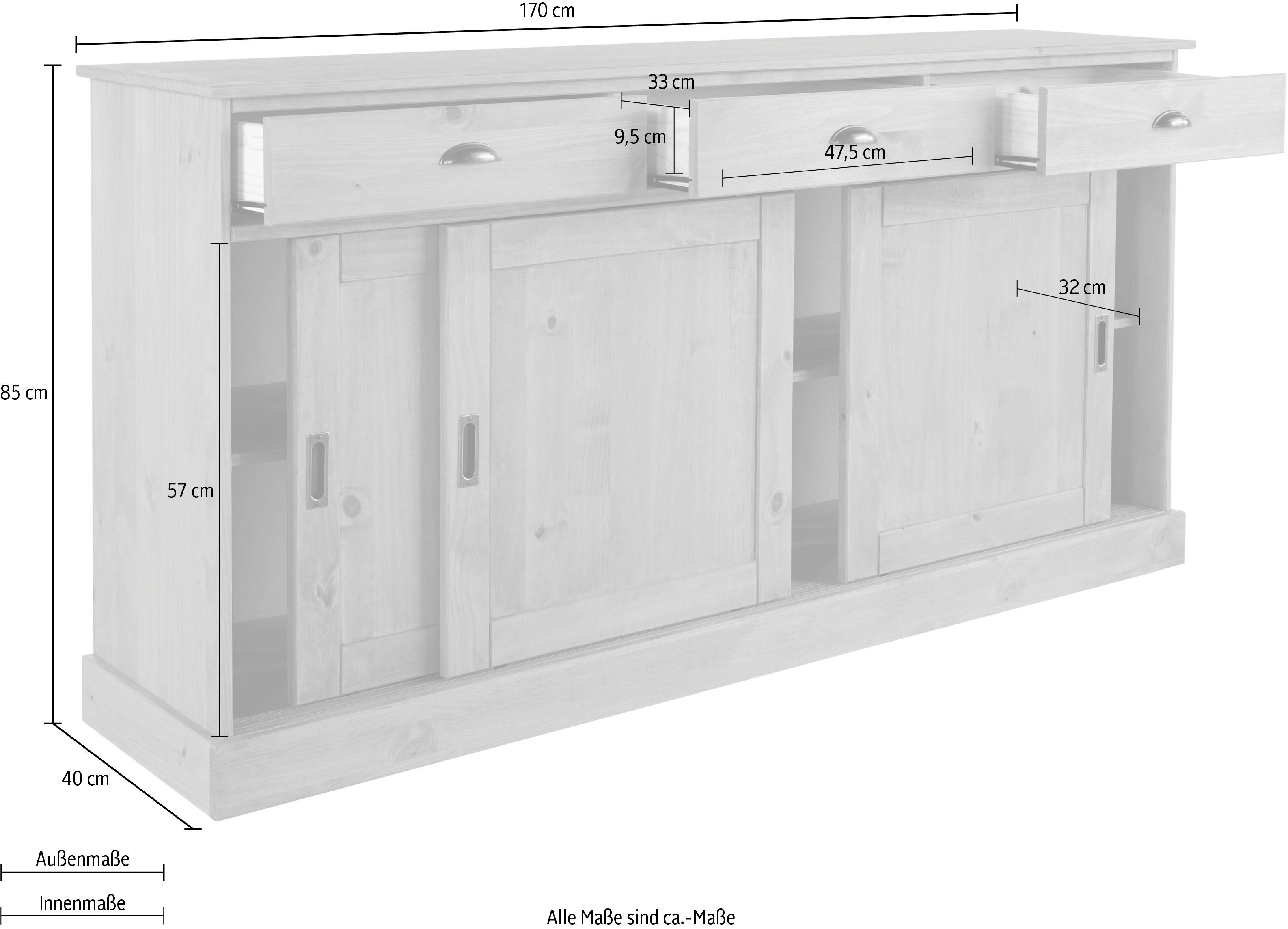 Home affaire Dressoir Schröder Commode, 3 schuifdeuren, 3 lades, van massief dennenhout