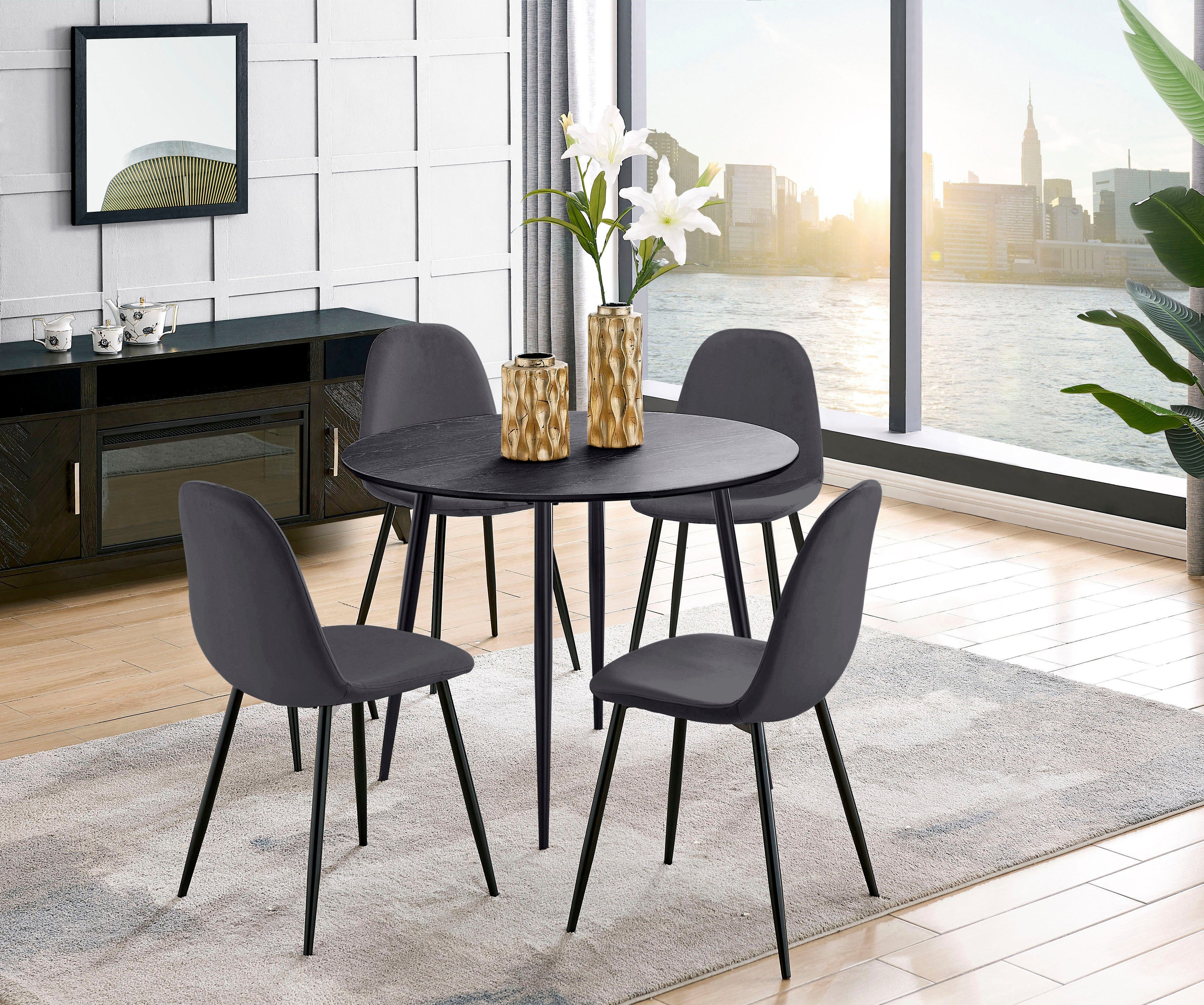 Leonique Eethoek Eadwine, TOPSELLER! Zitgroep eettafel plus 4 eetkamerstoelen (set, 5-delig) eethoeken grijs