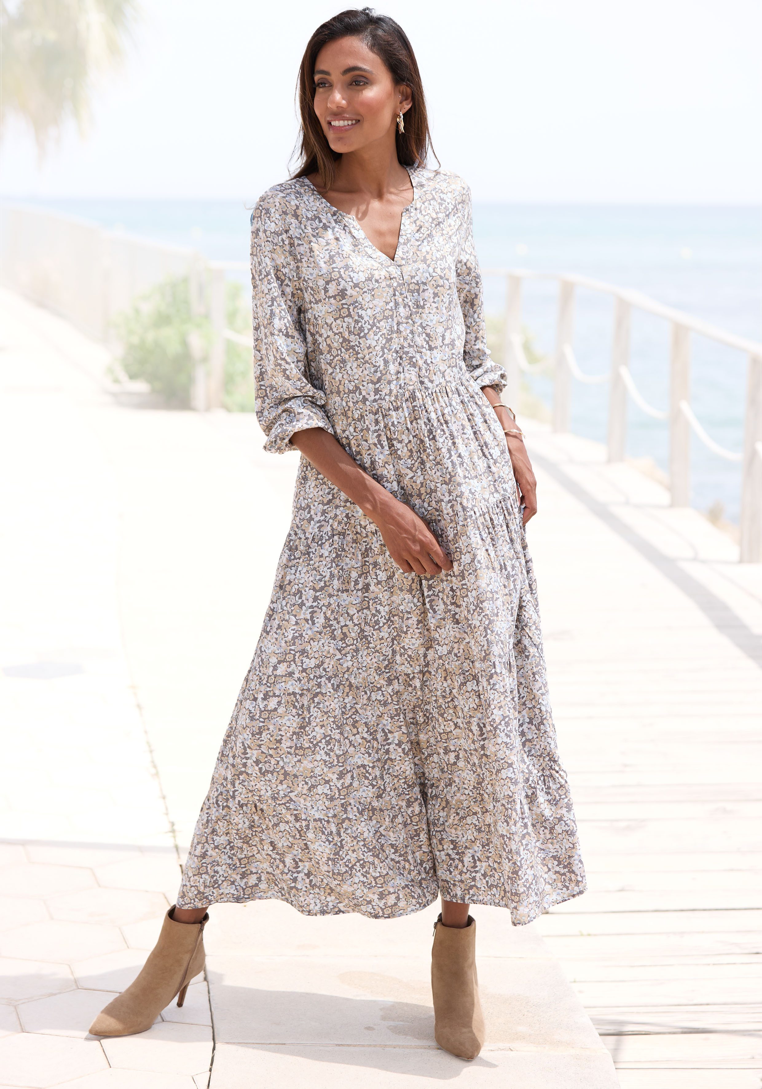 Vivance Maxi-jurk met all-over print en volants lange mouwen jurk met print casual-chic