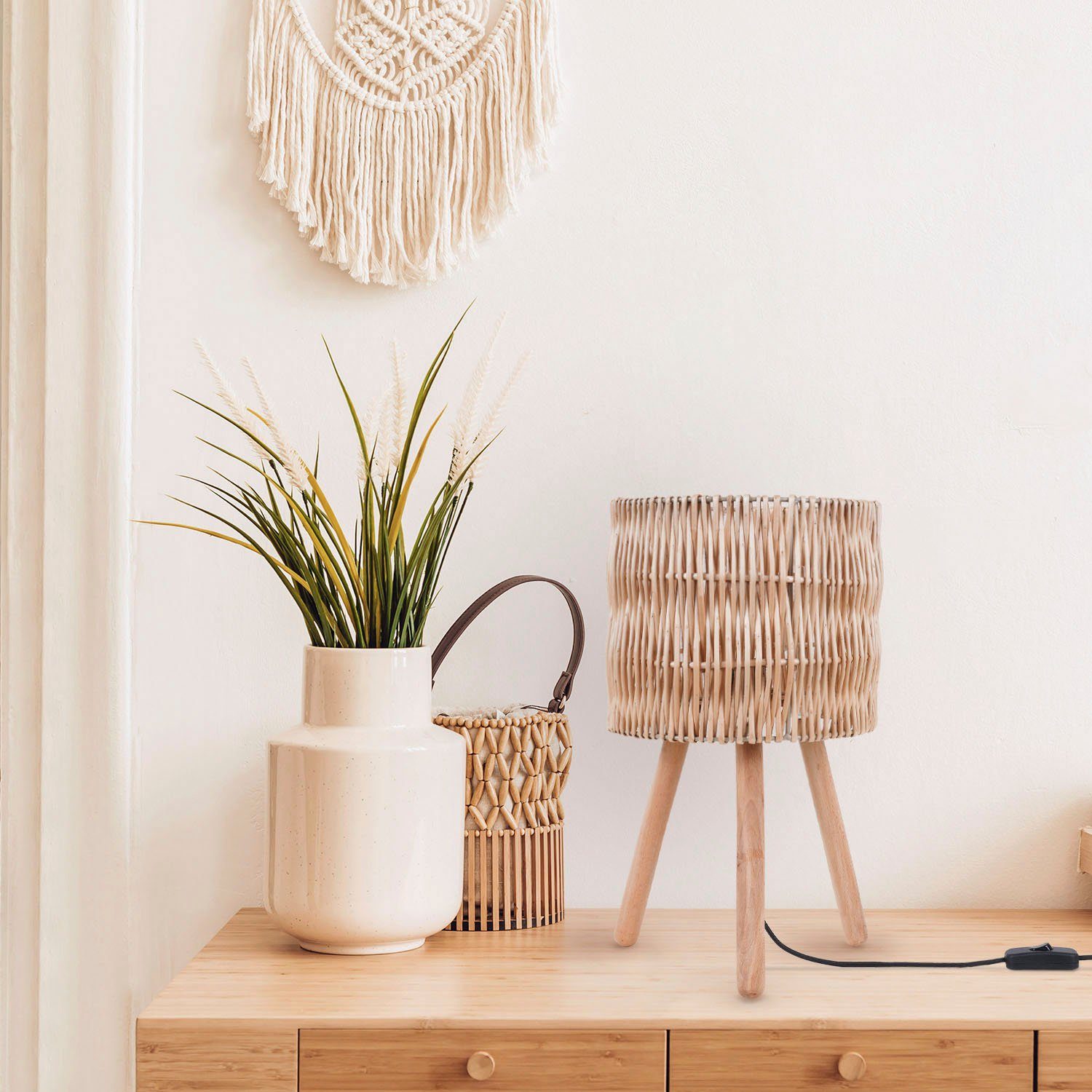 Paco Home Tafellamp Jorge Schrijf nacht lampenkap mand Boho hout E27