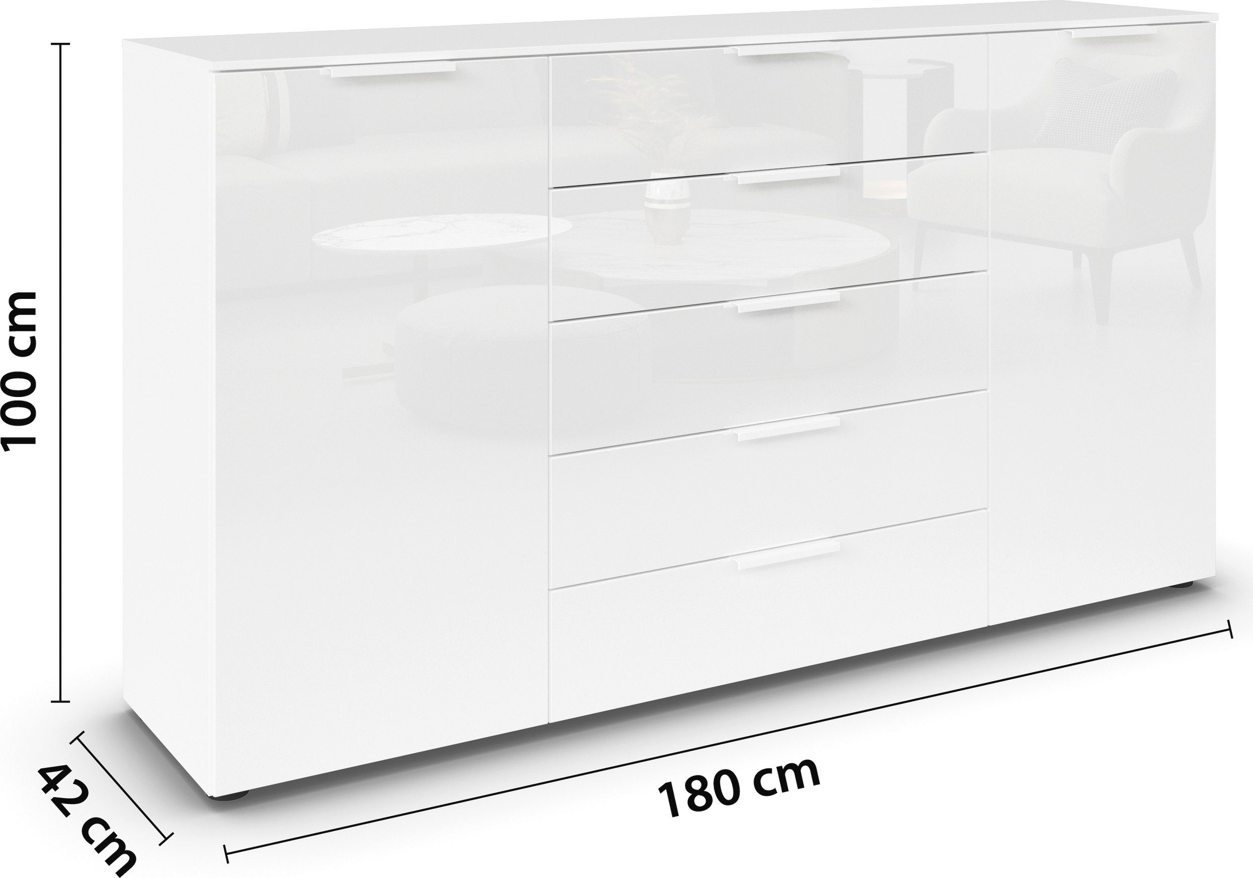 rauch Ladekast Commode deurkast sideboard combikast FLIPP met glasfront 2-deurs met 5 lades en soft-close, 2 breedtes made in germany
