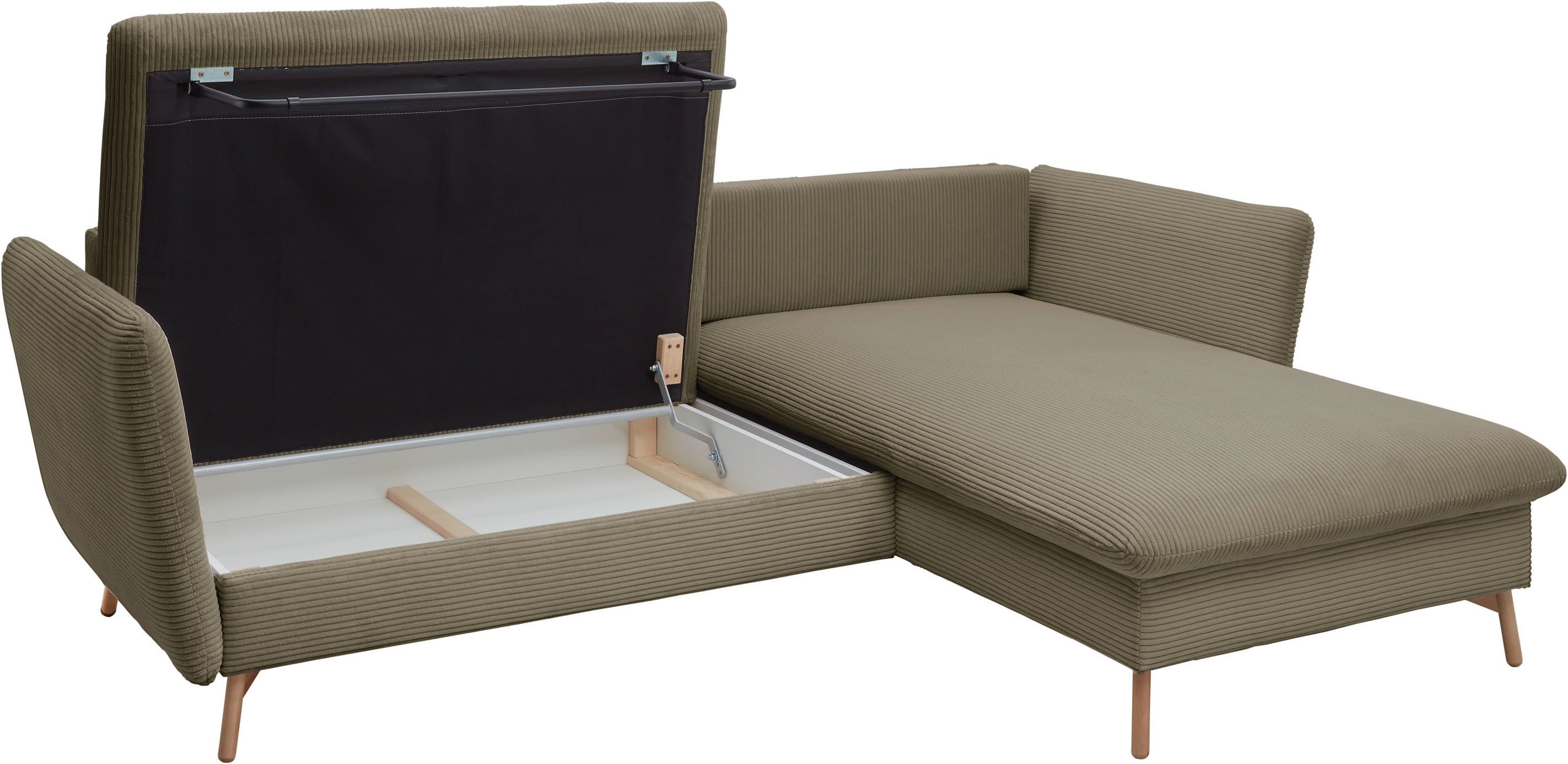 andas Hoekbank MERLE, 258 cm, L-vorm, prachtige corduroy, met slaapfunctie en bedlade, ligoppervlak 224 x 139