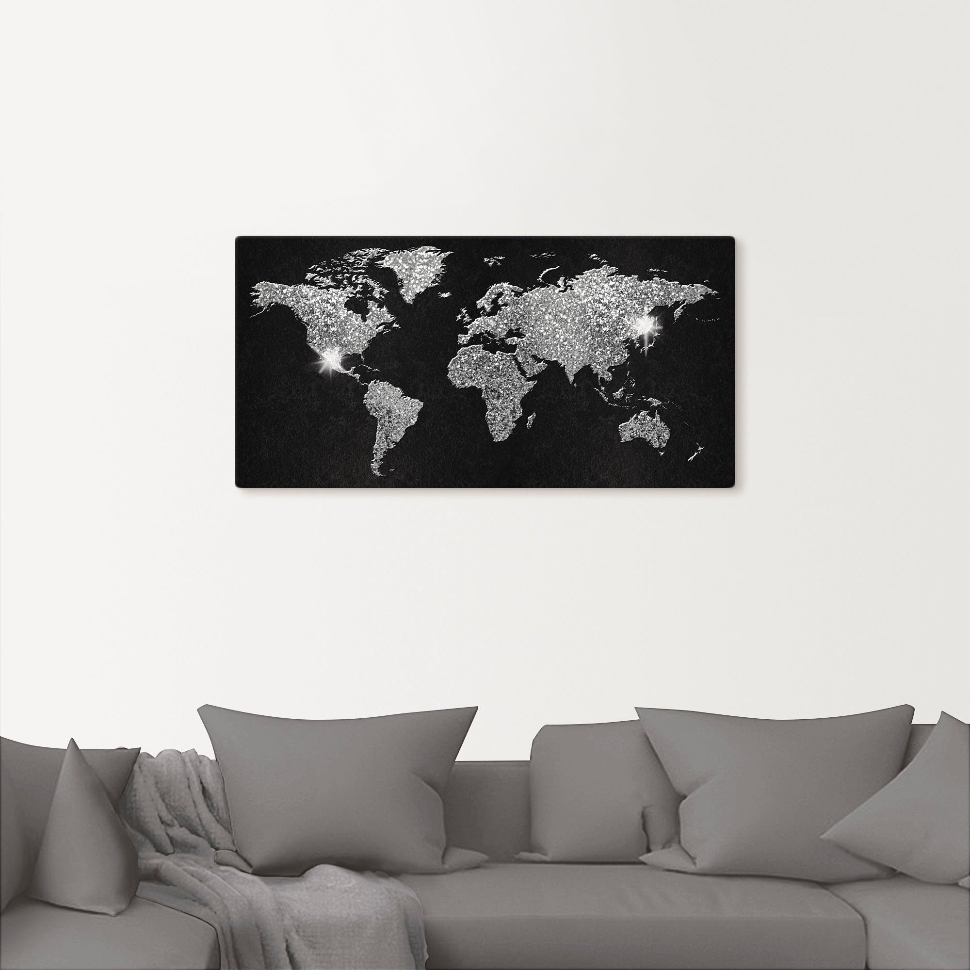 Artland Artprint Wereldkaart glitter als artprint van aluminium, artprint voor buiten, artprint op linnen, poster, muursticker