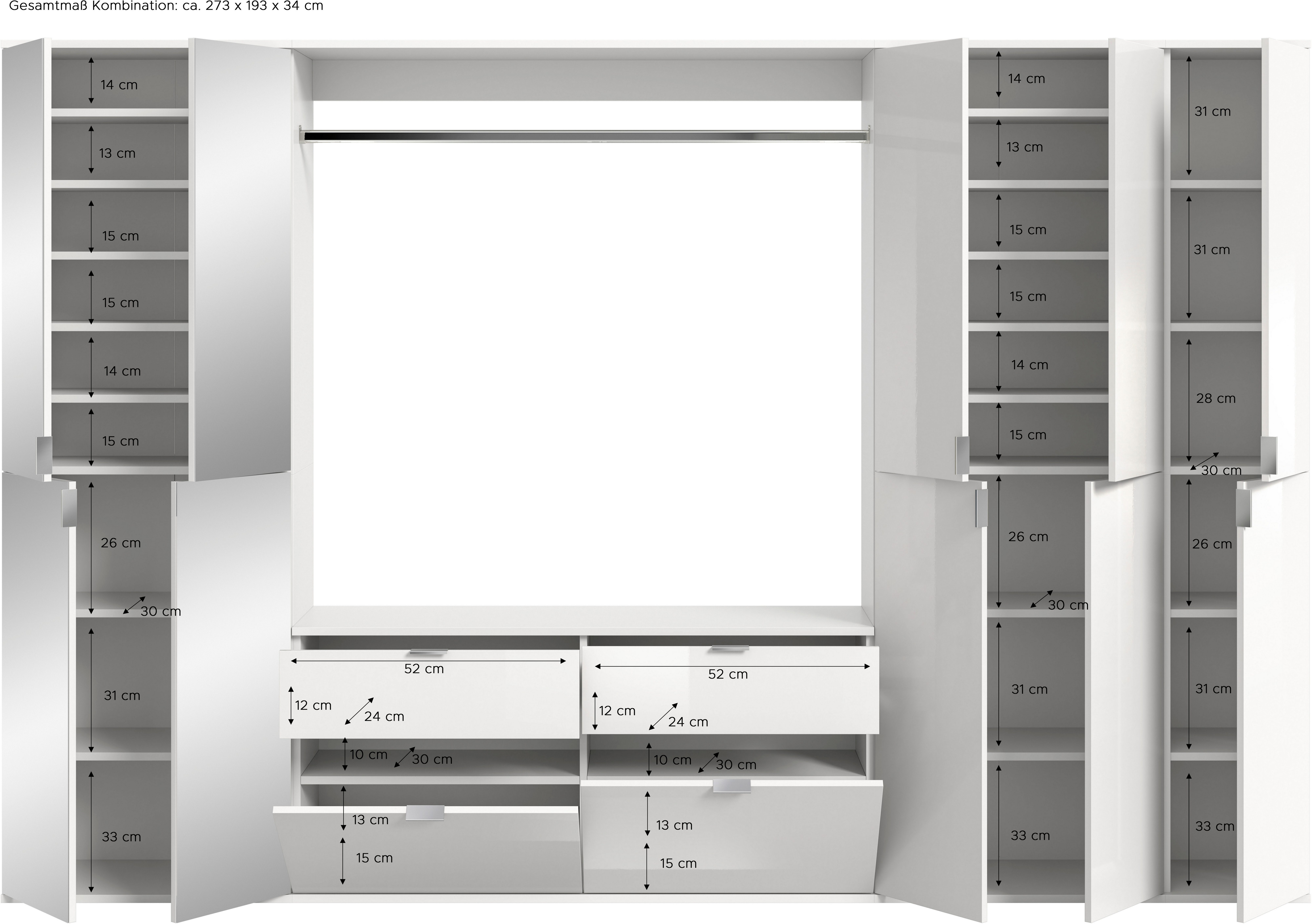 INOSIGN Halmeubelset Trondheim, Breedte 273 cm, 6-delig, bestaande uit: 3x garderobekast, 1 commode, 1 kledingstang, 1 legplank (set, 5-delig)