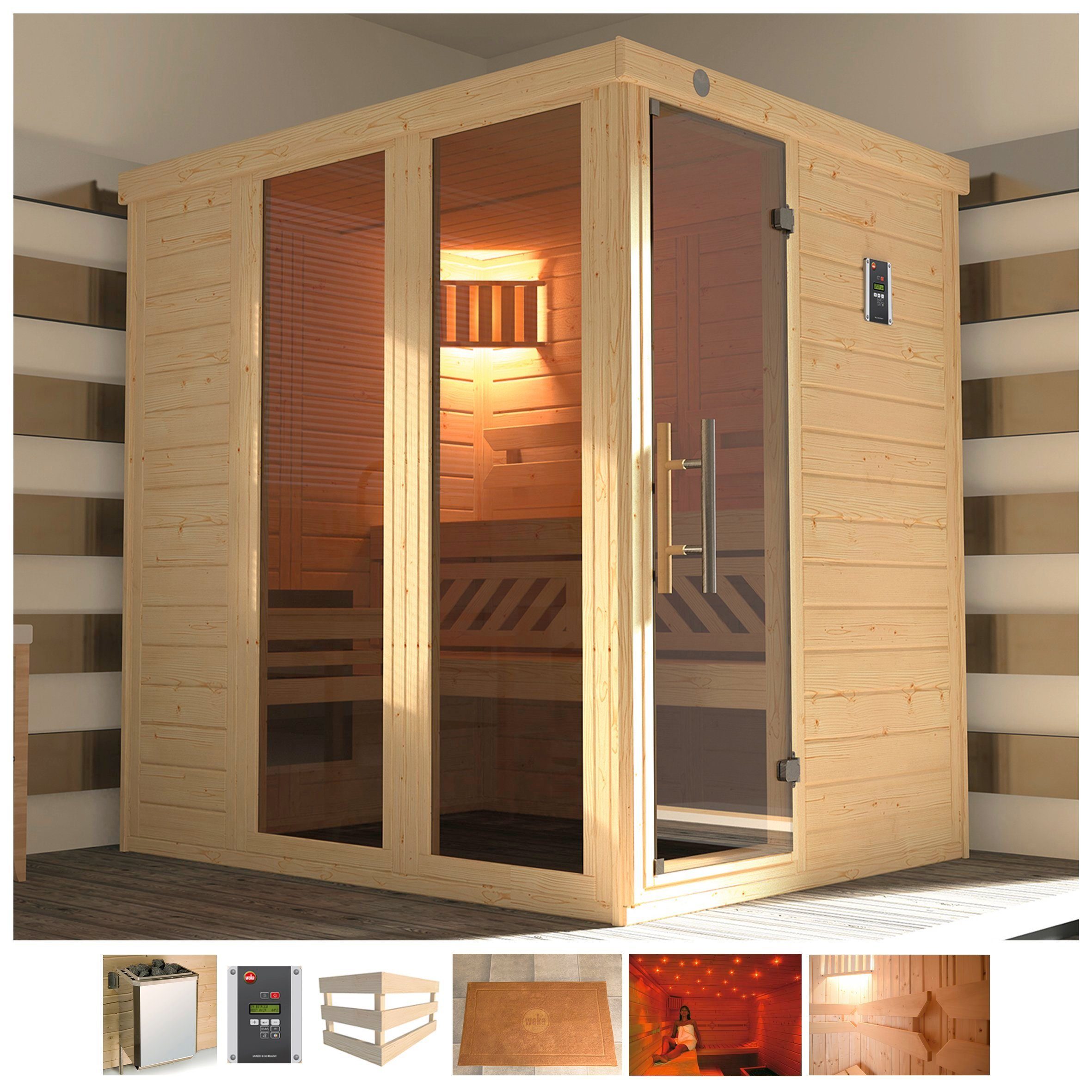 weka Sauna Kemi Panorama 7,5 kw kachel met externe bediening sauna's beige