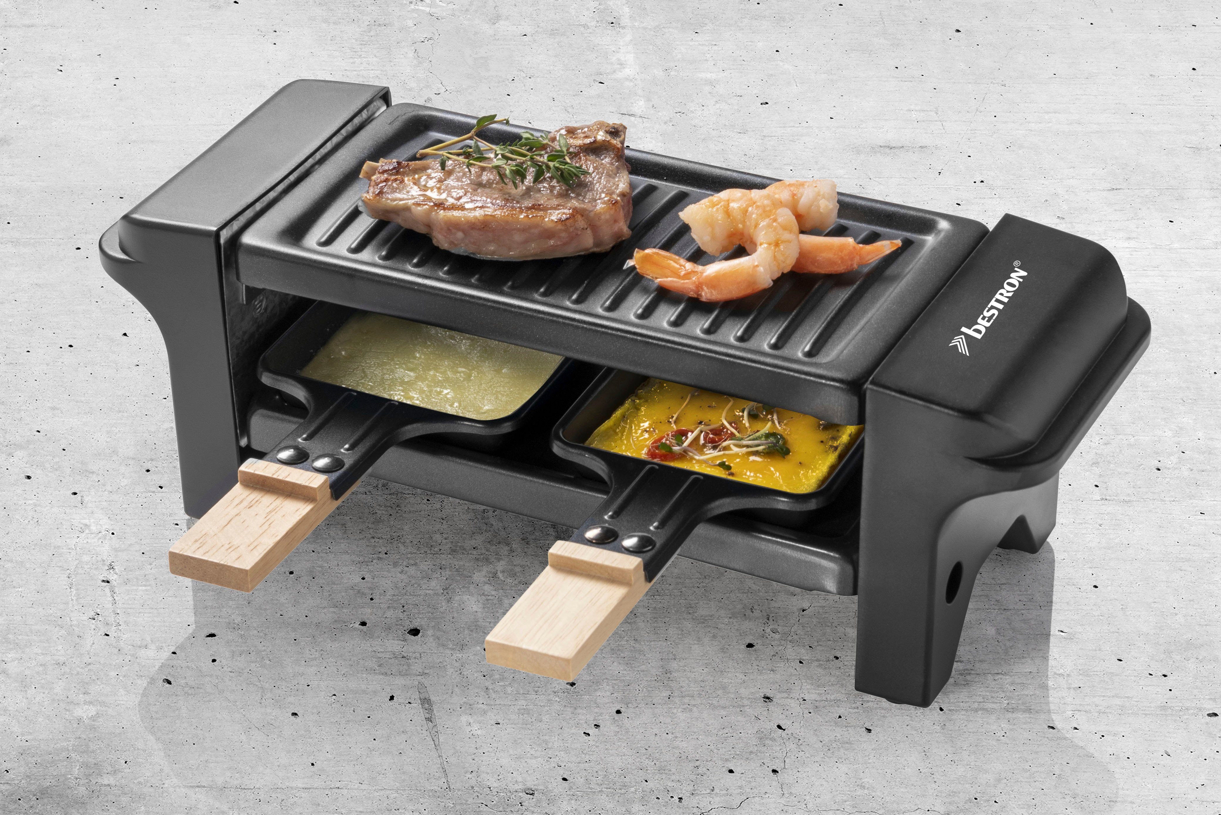 bestron Raclette Mini tafelgrill voor 1 tot 2 personen, met twee houten spatels & twee onderzetters