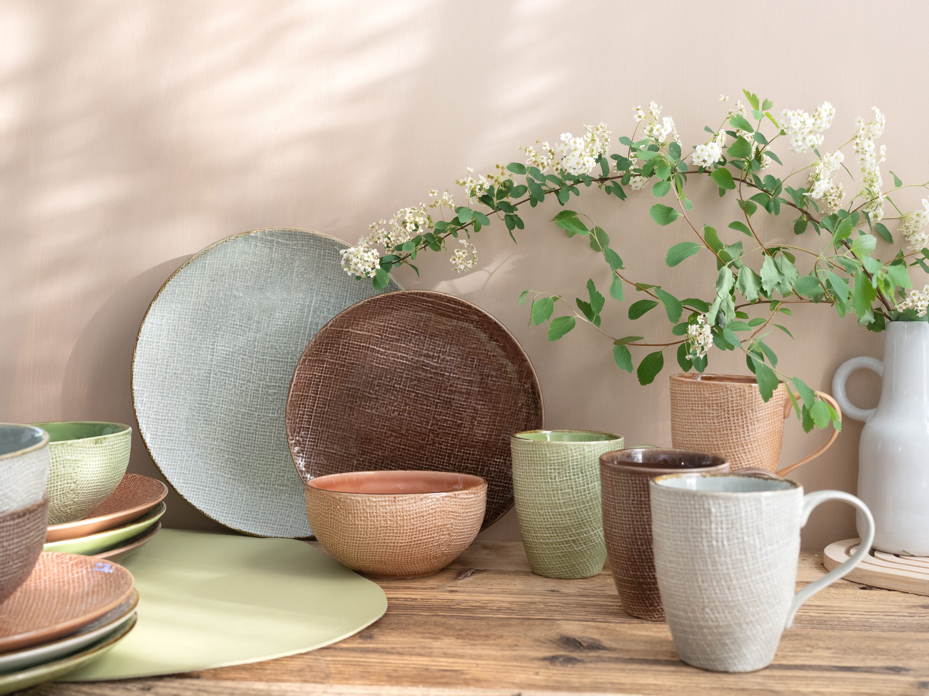 CreaTable Combi-servies Servies-set Canvas Servies, linnenstructuur, mediterrane kleuren, 16 delen, voor 4 personen (set, 16-delig)