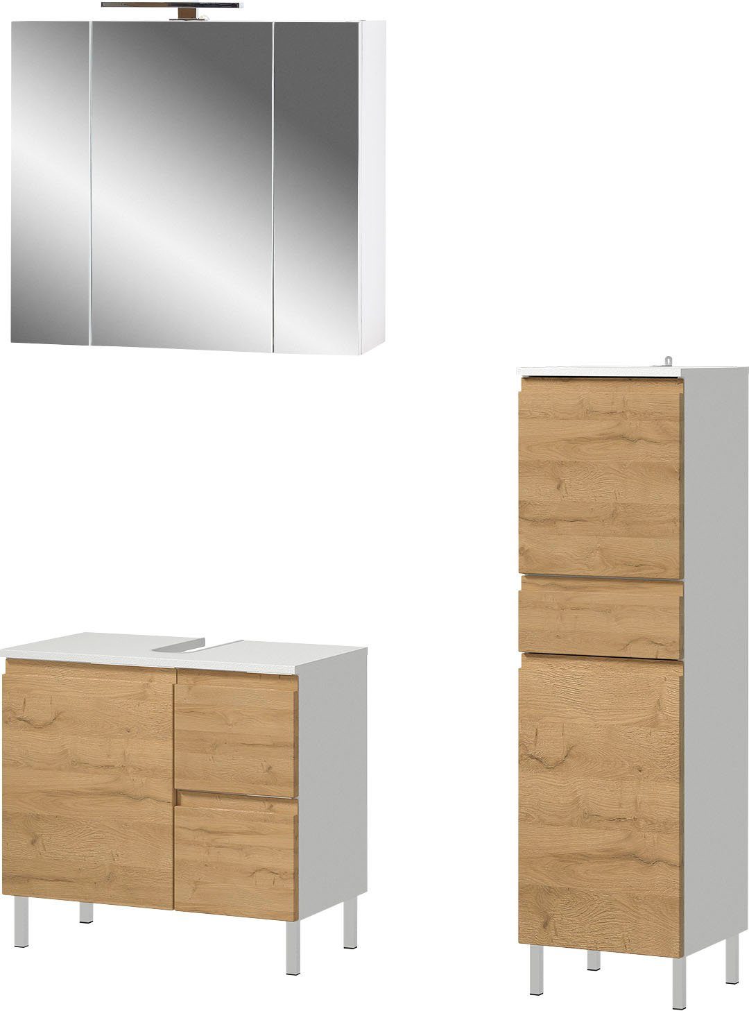 GERMANIA Badkamerserie Torrance Wastafelonderkast, spiegelkast met verlichting en kast (3-delig) badmeubelsets bruin