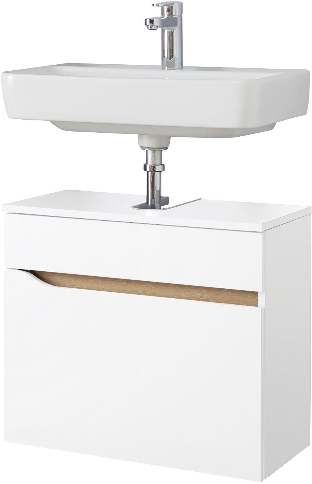Saphir Wastafelonderkast Quickset onderkast, 60 cm breed, 1 lade Wastafelonderkast met sifonuitsparing, zonder wasbak, greeploos