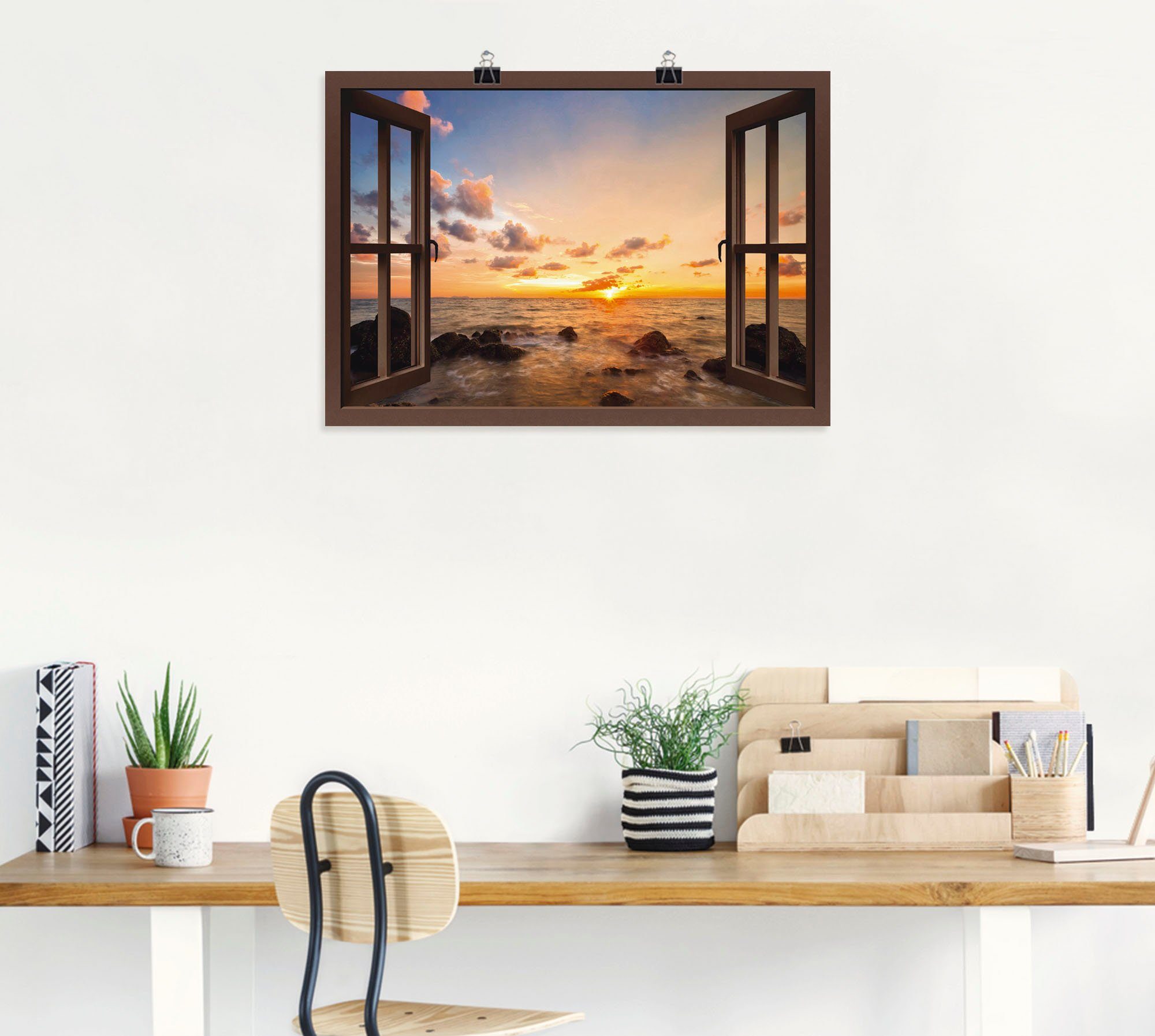 Artland Artprint Blik uit het venster zonsondergang aan zee als artprint van aluminium, artprint voor buiten, artprint op linnen, poster, muursticker