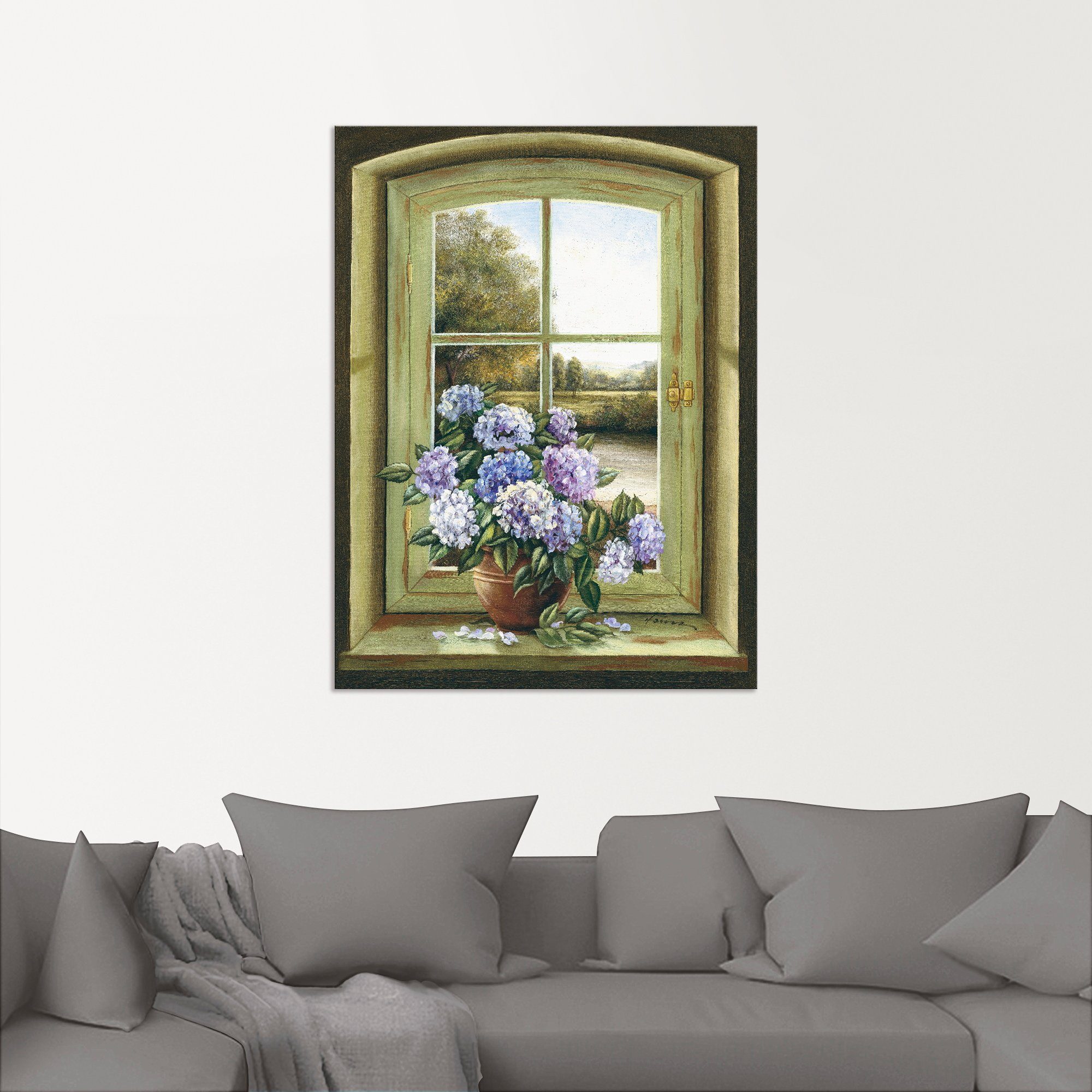 Artland Artprint Hortensia's bij het raam als artprint van aluminium, artprint voor buiten, artprint op linnen, poster, muursticker