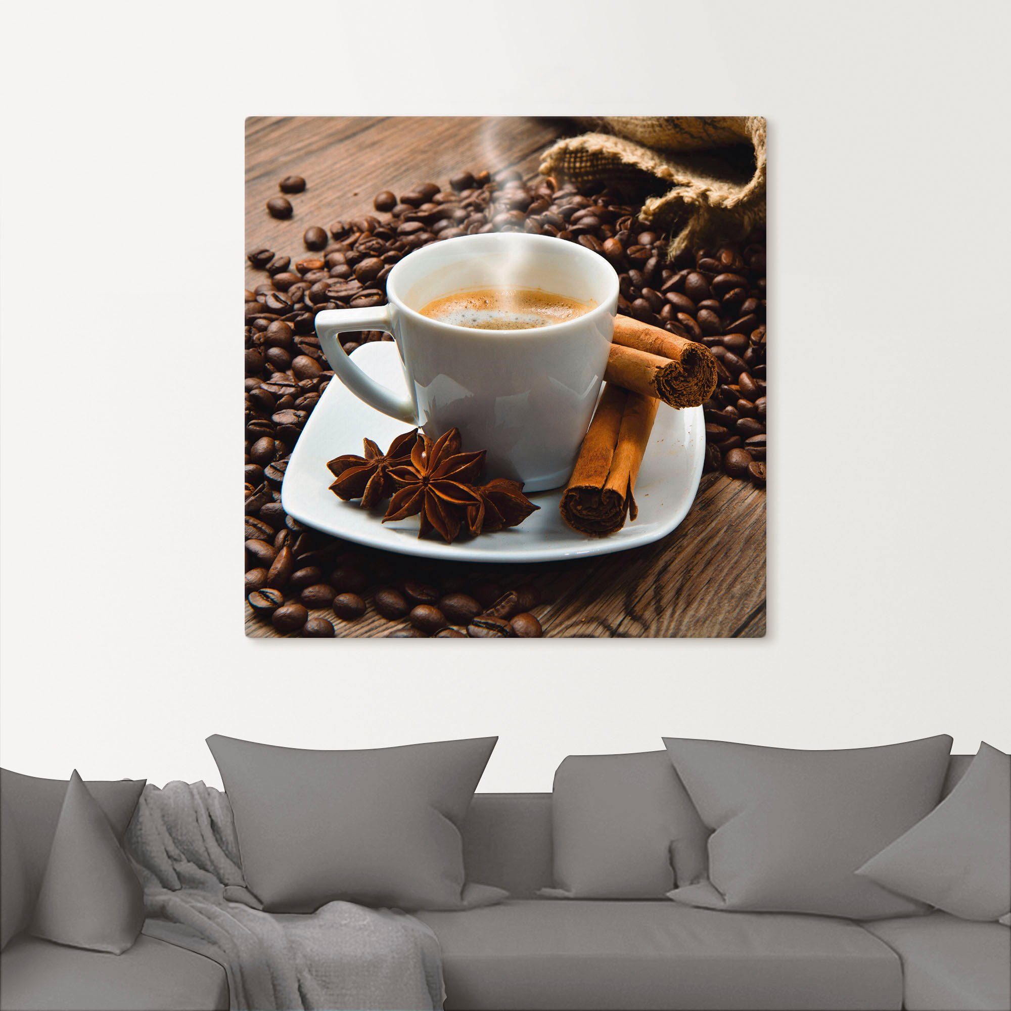 Artland Artprint Koffiekopje linnen zak met koffiebonen als artprint op linnen, poster in verschillende formaten maten