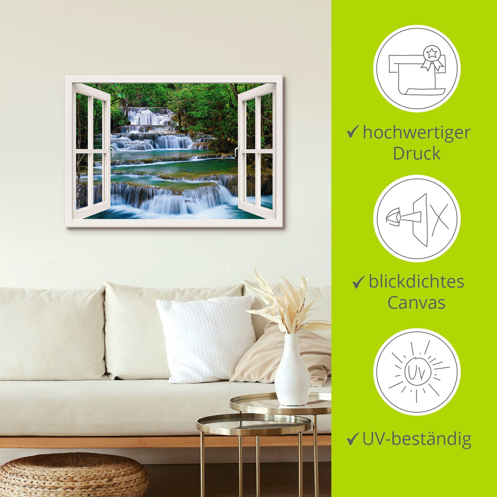 Artland Artprint Blik uit het venster waterval in Kanchanaburi als artprint op linnen, poster, muursticker in verschillende maten