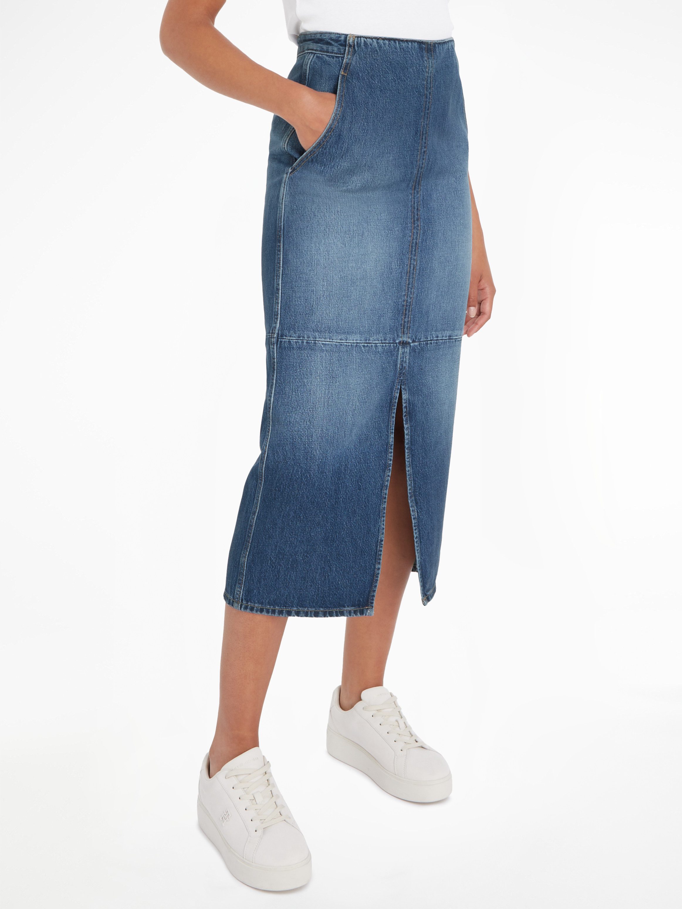 Tommy Hilfiger Kokerrok DNM MIDI SKIRT HW BETH CTD Geweven rok met Tommy Hilfiger vlag