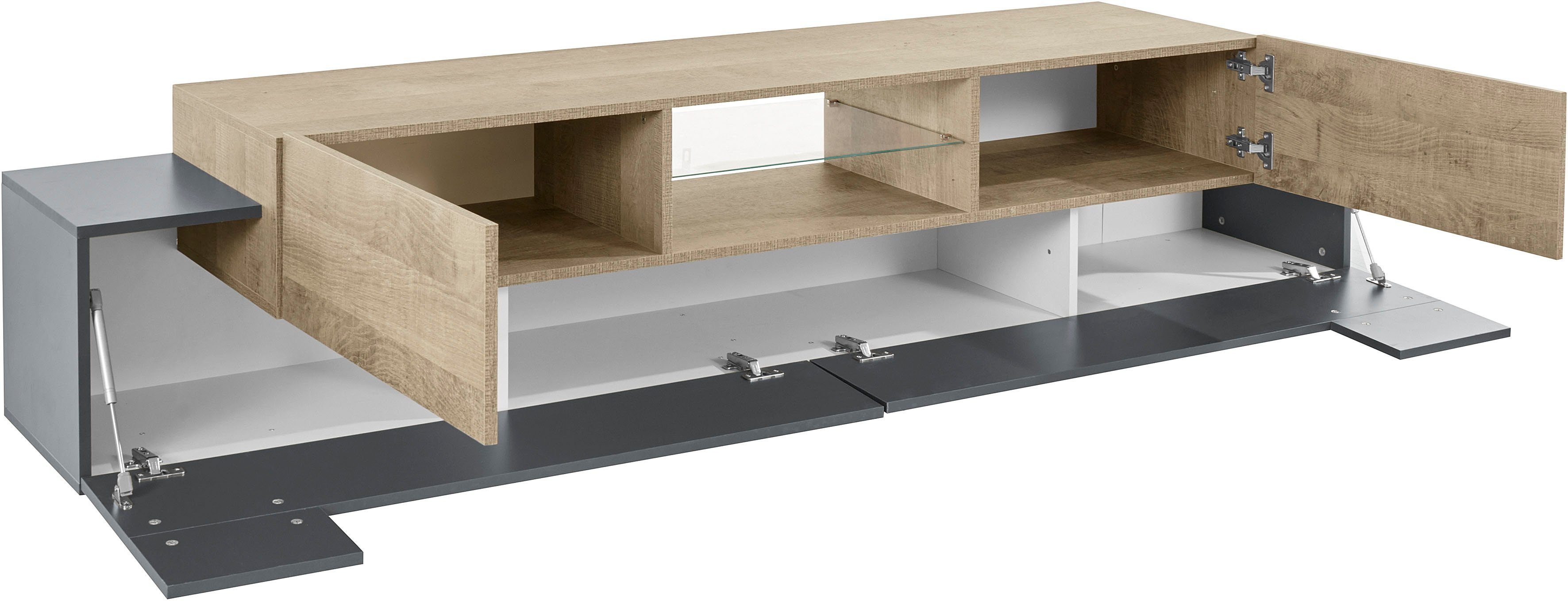 INOSIGN Tv-meubel Coro, lowboard, TV-commode, TV-meubelen, TV-bank met 2 kleppen, 2 deuren, 1 glazen plank, breedte 220