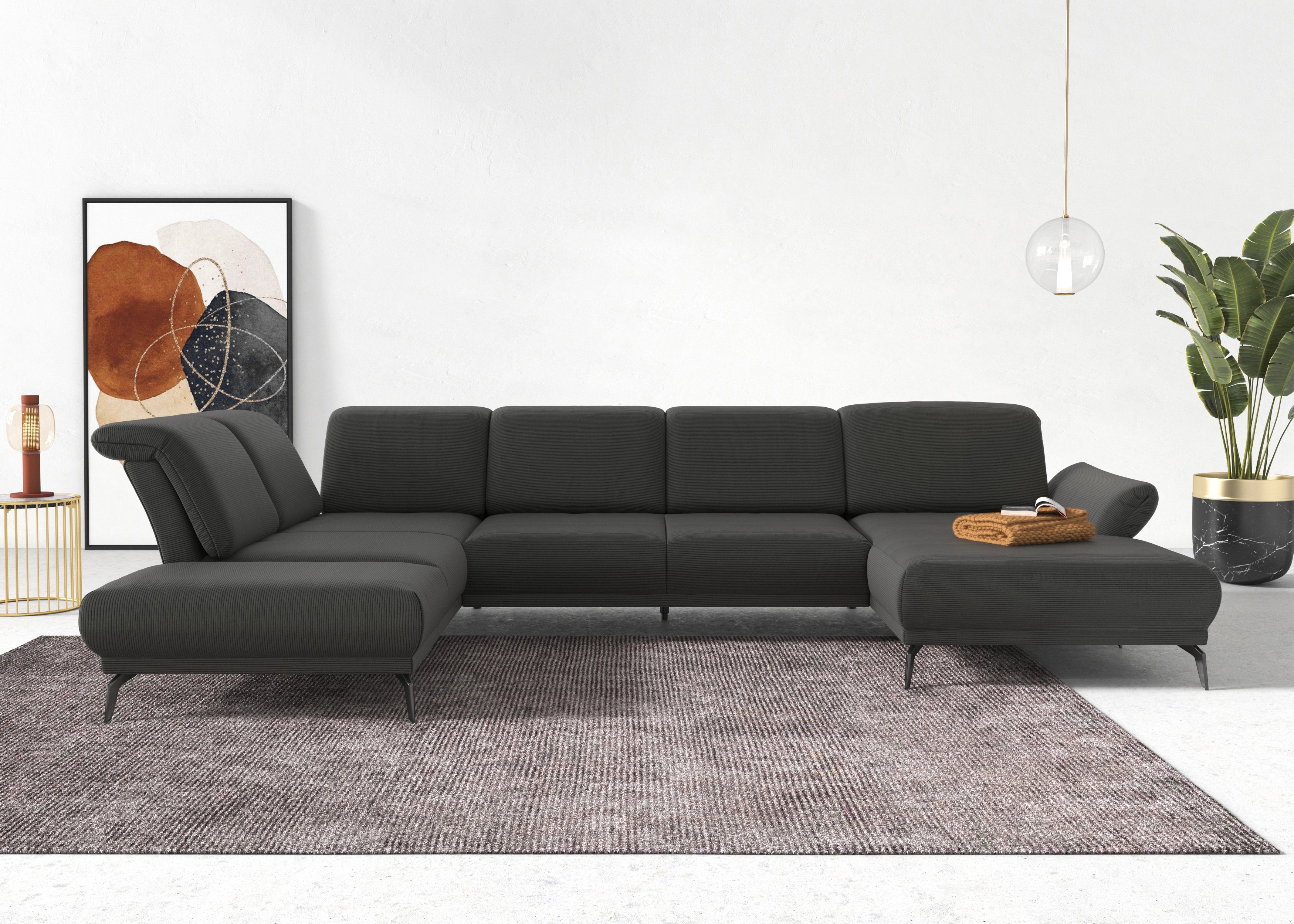 INOSIGN Zithoek Coco U-vorm Verstelbare zitdiepte, armleuning en hoofdeind, cordbekleding, poothoogte 15 cm grijs, zithoeken, 382 cm