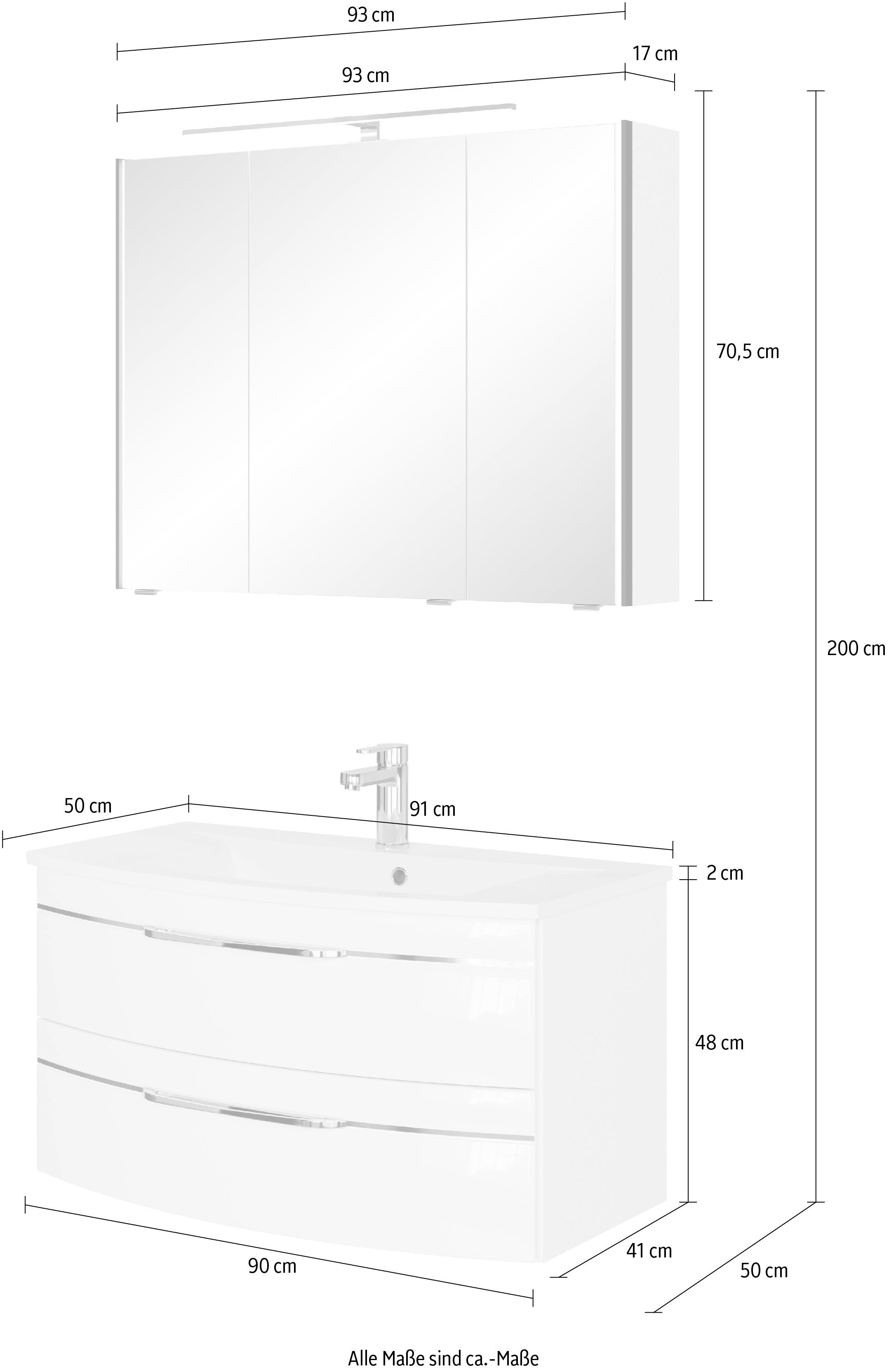 Saphir Badmeubelset Serie 7045 2-delig, mineraalmarmeren wastafel met led-spiegelkast (set, 2 stuks)