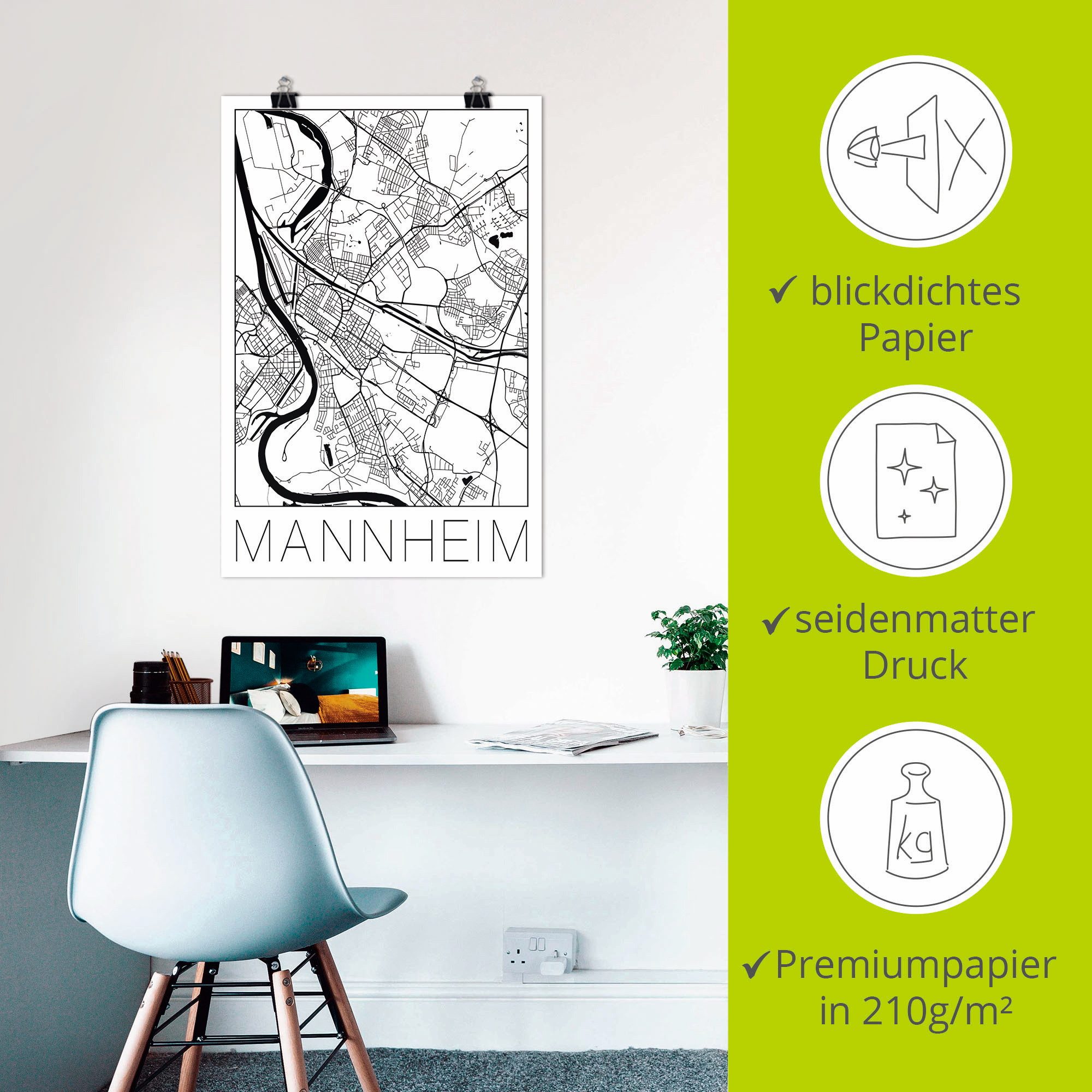 Artland Artprint Retro kaart Mannheim Duitsland als artprint van aluminium, artprint voor buiten, poster in diverse formaten