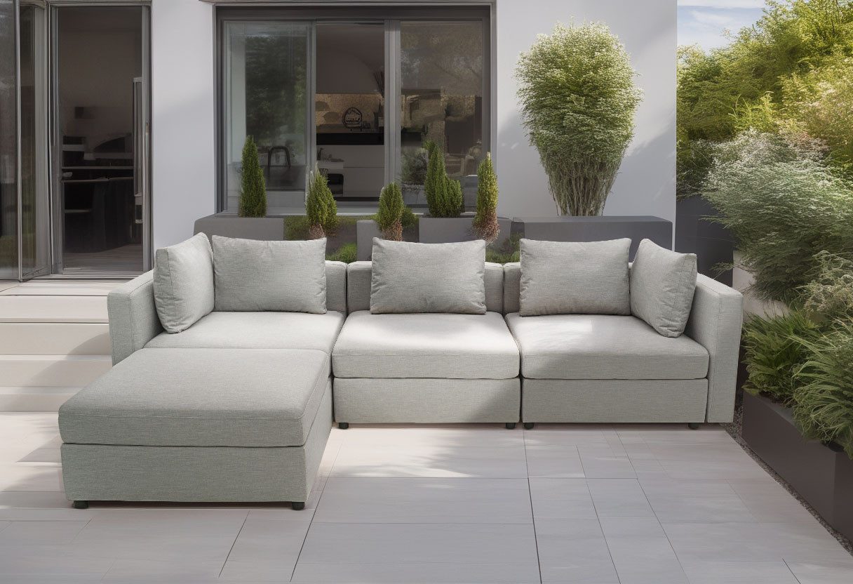 DOMO collection Hoekbank Solskin, individueel uitbreidbaar/combineerbaar L-vorm met losse kussens. rug- en zijpanelen als steeksysteem. zilver(kleur),
