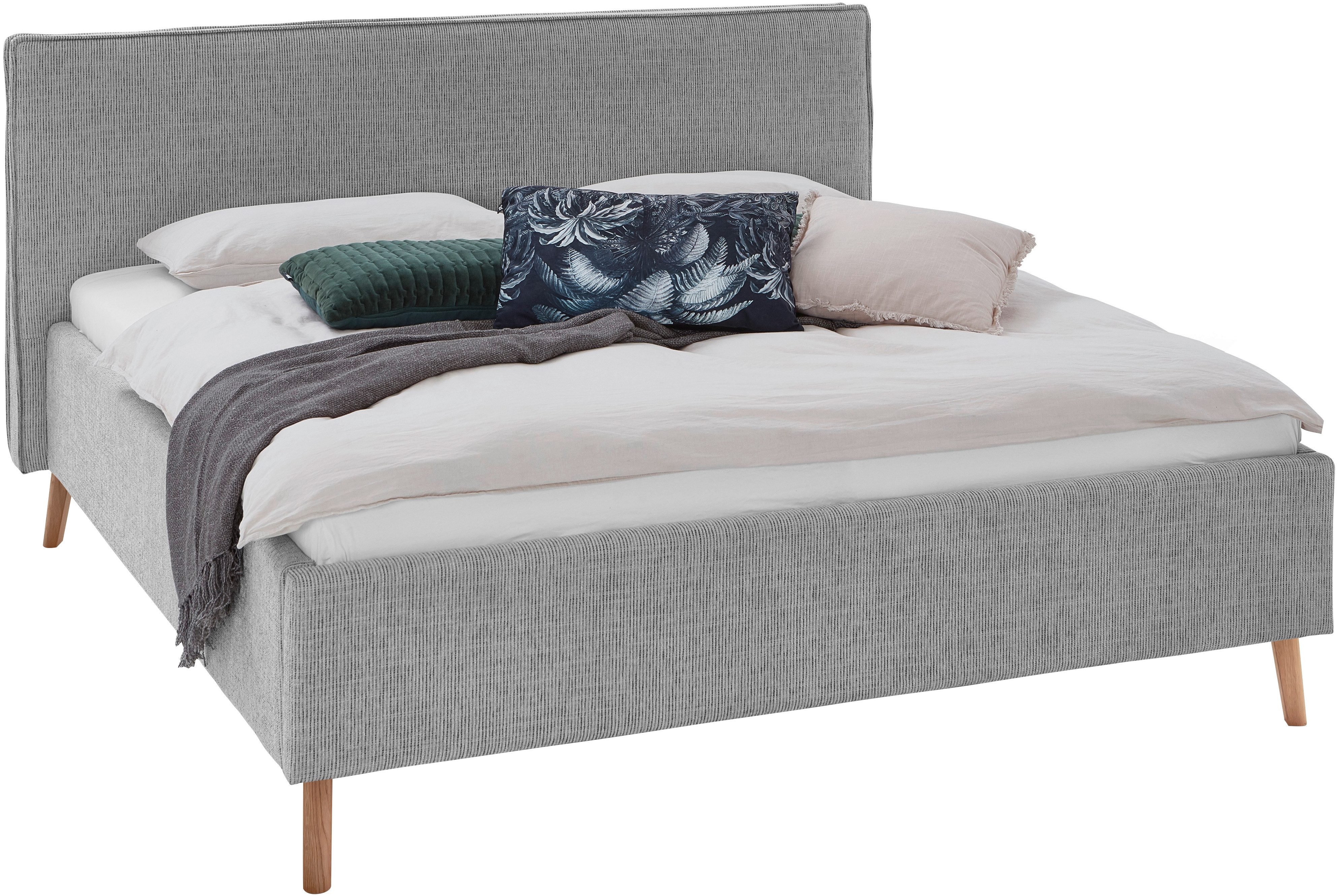 meise.möbel Gestoffeerd bed Riva met eikenkleurige houten poten, naar keuze met bedkist en lattenbodem
