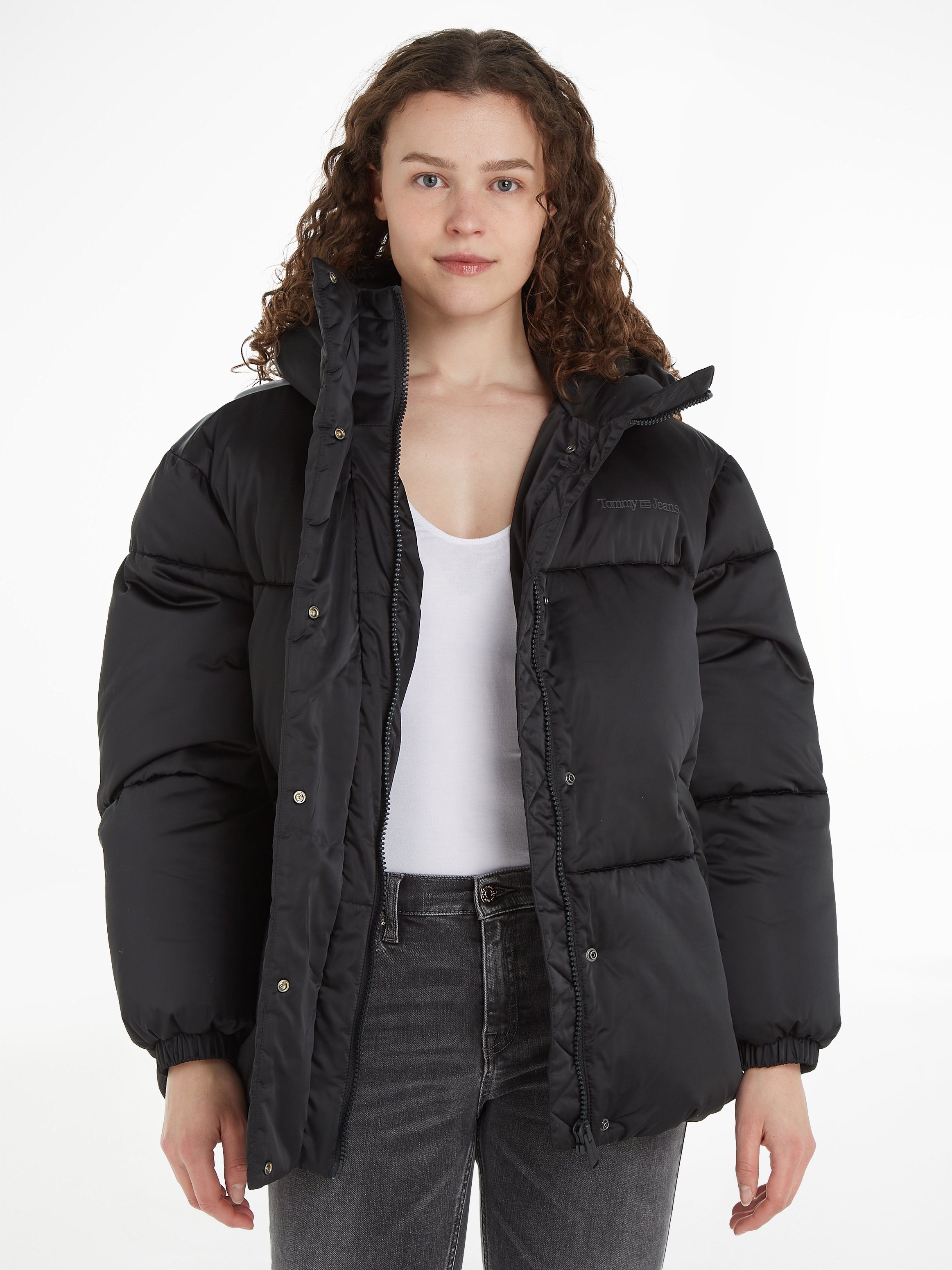 TOMMY JEANS Gewatteerde jas TJW OVR SATIN PUFFER met tommy jeans-merklabel dames donsjassen maat L (40) zwart