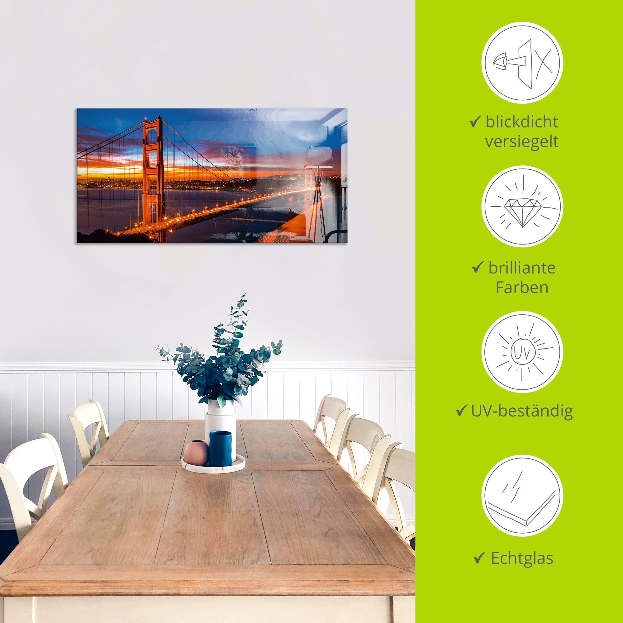 Artland Print op glas The Golden Gate Bridge 's morgens vroeg