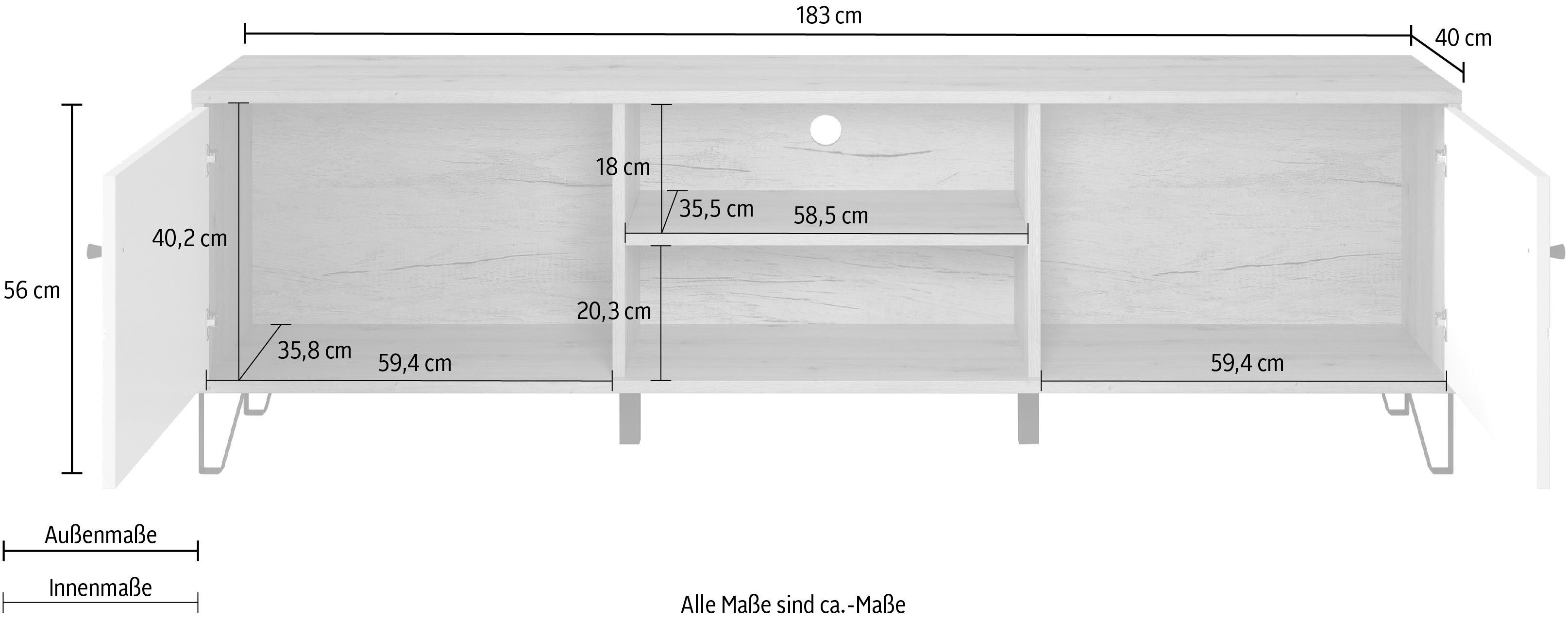Places of Style Tv-meubel Tarragona TV-kast TV-lowboard met frezingen in ruitlook en kabeldoorvoer, Br.183 cm